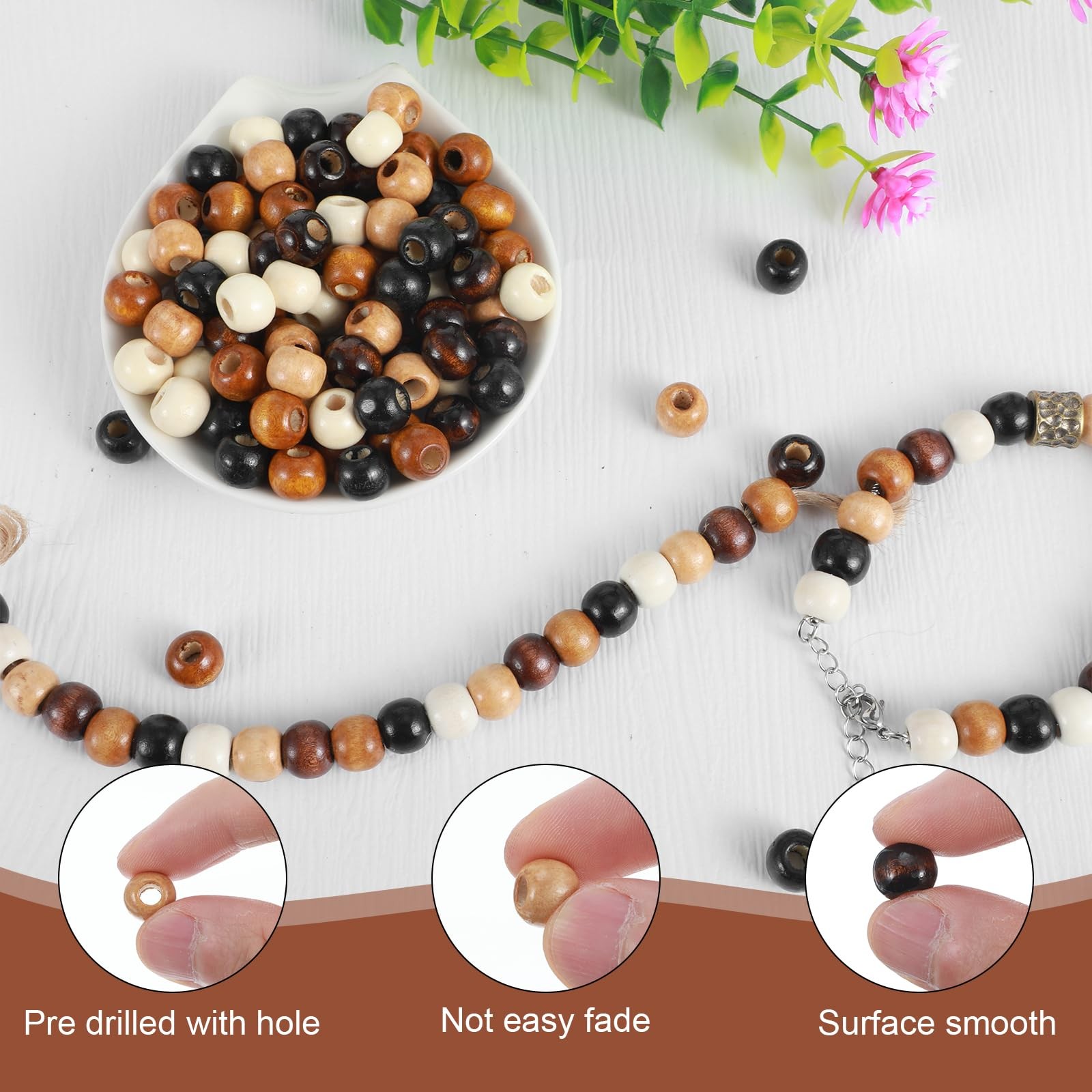 100 PCS Natural Colors Wooden Beads Large Hole Vintage Round Bead Large Hole …