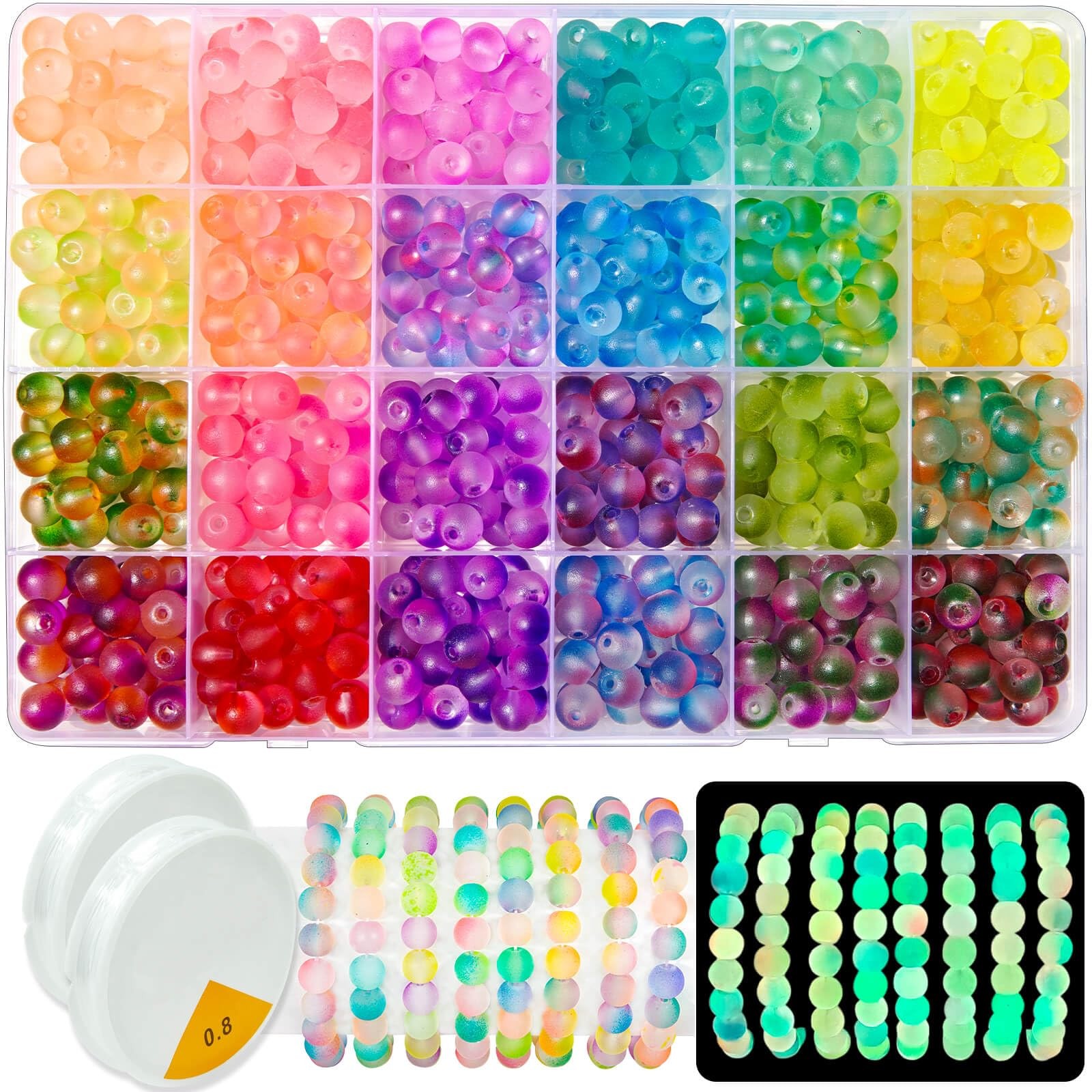 Glow in the Dark Glass Beads for Jewelry Making, 600Pcs 8MM 24 Grids Crystal Gem