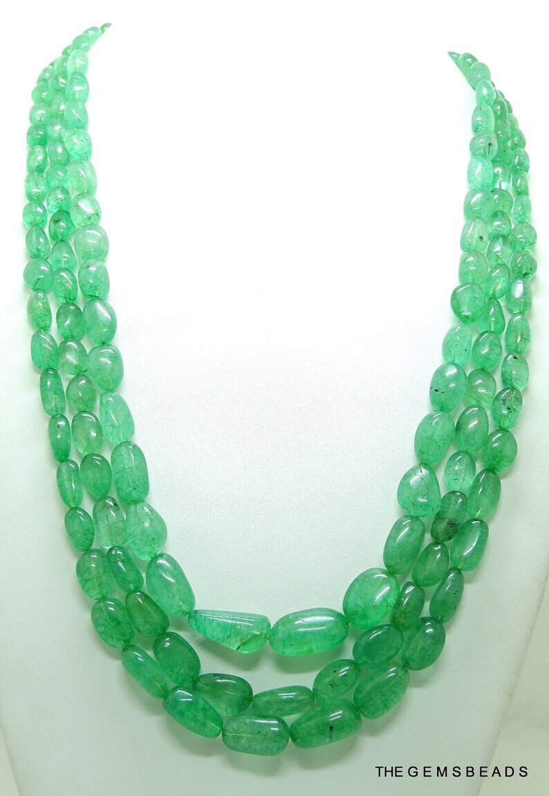 Natural Zambian Emerald Tumble Beads Necklace 8–22mm | 15″Inch Strand | Emerald