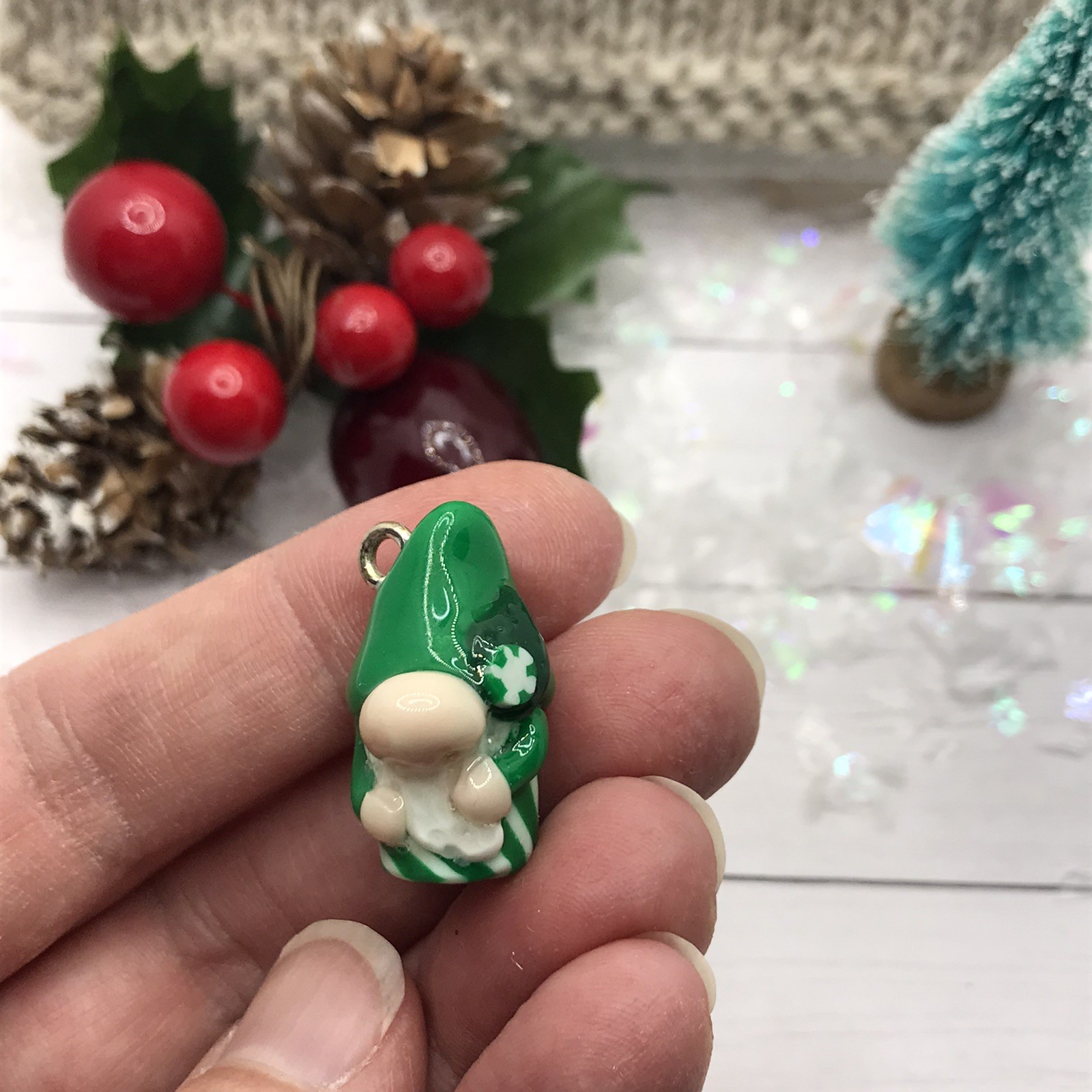 🍬Wintergreen Twist Gnomes Polymer Clay Charm, stitch markers, knitting, crochet