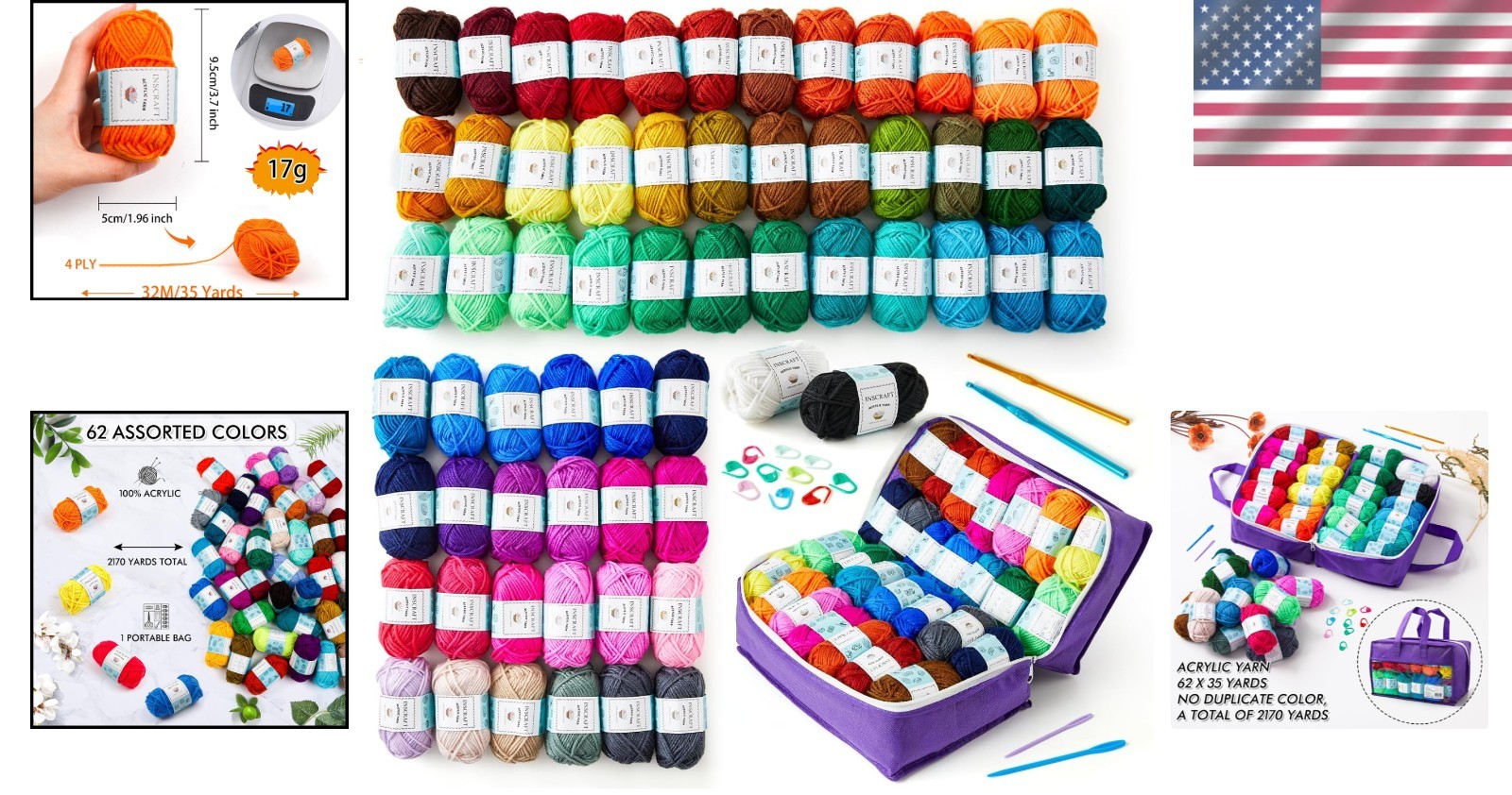 62 Assorted Colors Yarn Pack – Beginner Crochet Set
