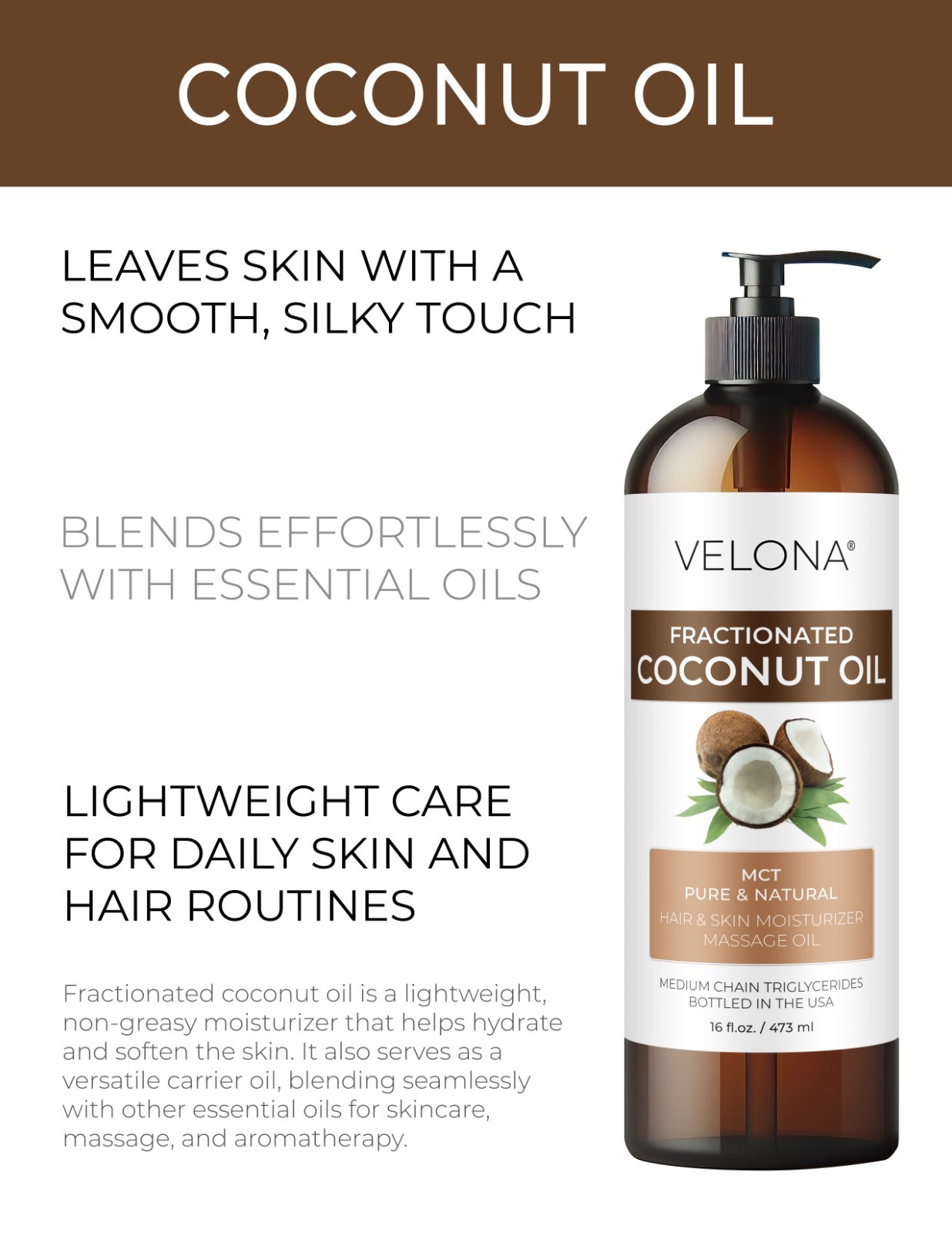 Coconut Oil by Velona – 8 oz Fractionated Ultra Refined Skin Face Body Hair