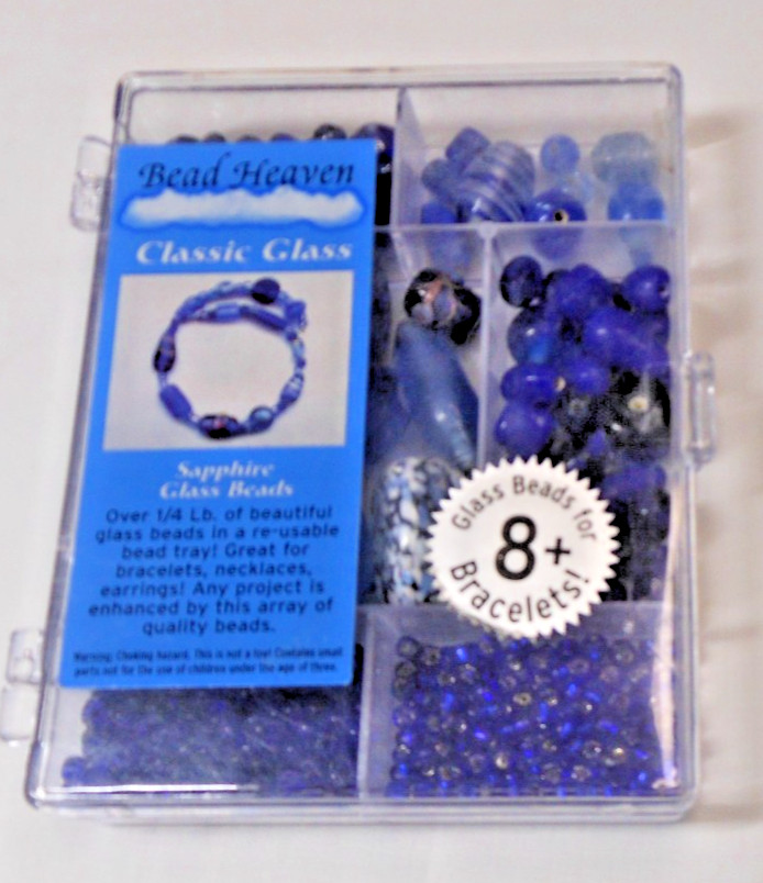 Vintage Amber/Blue Glass Beads 6.7 oz in Tray, Preowned