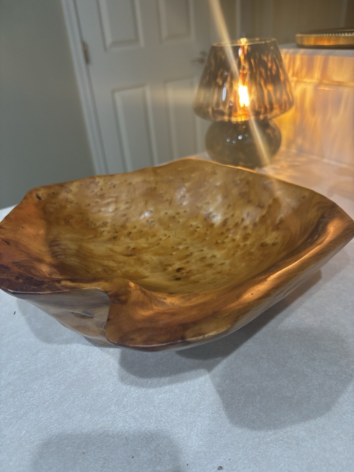 Vintage Hand Carved Live Edge Burl Wood Bowl 10” Organic Modern Centerpiece Art