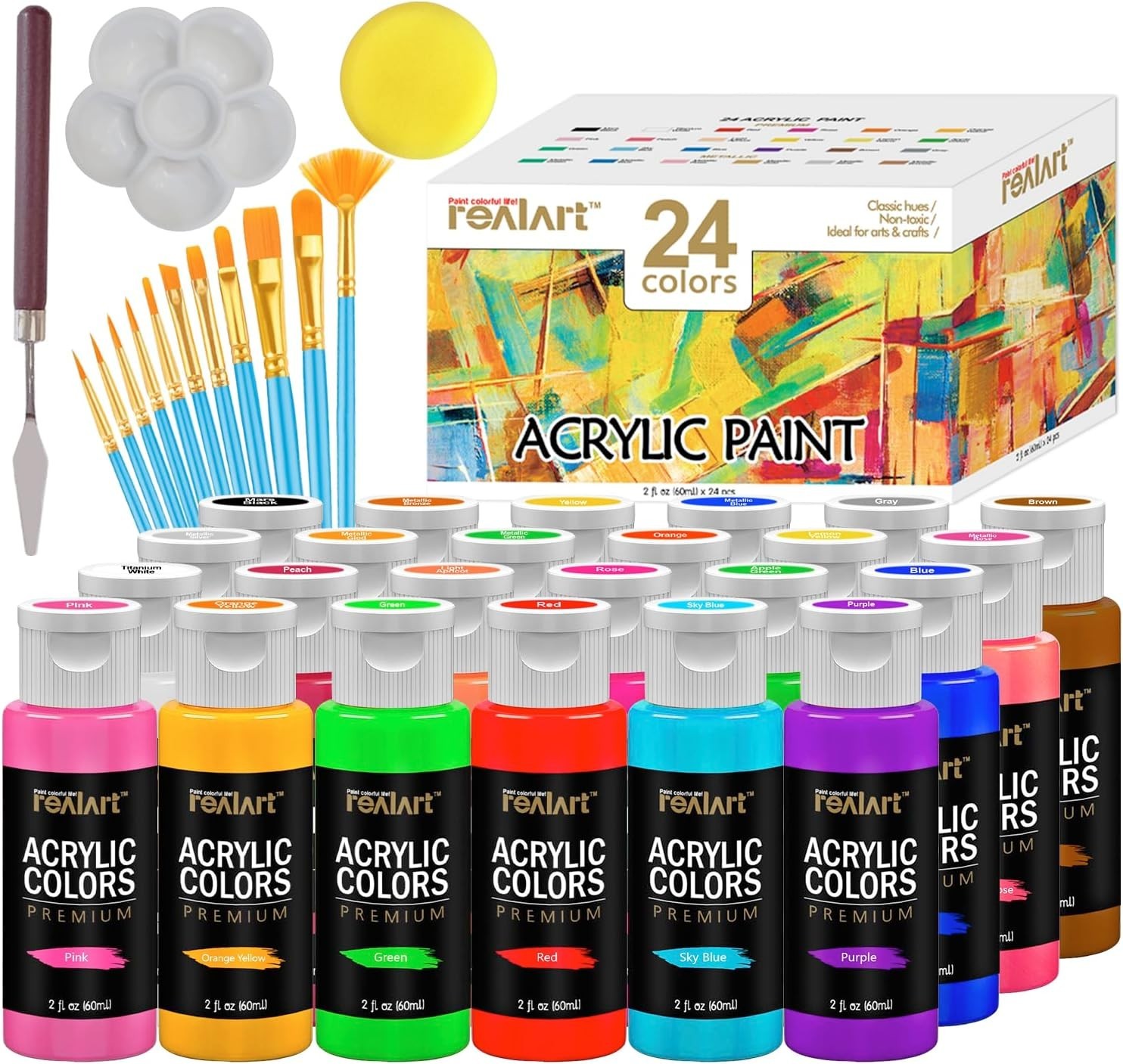 Acrylic Paint Set, 24 Colors (2 oz/Bottle) with 12 Art Brushes, Art Supplies for