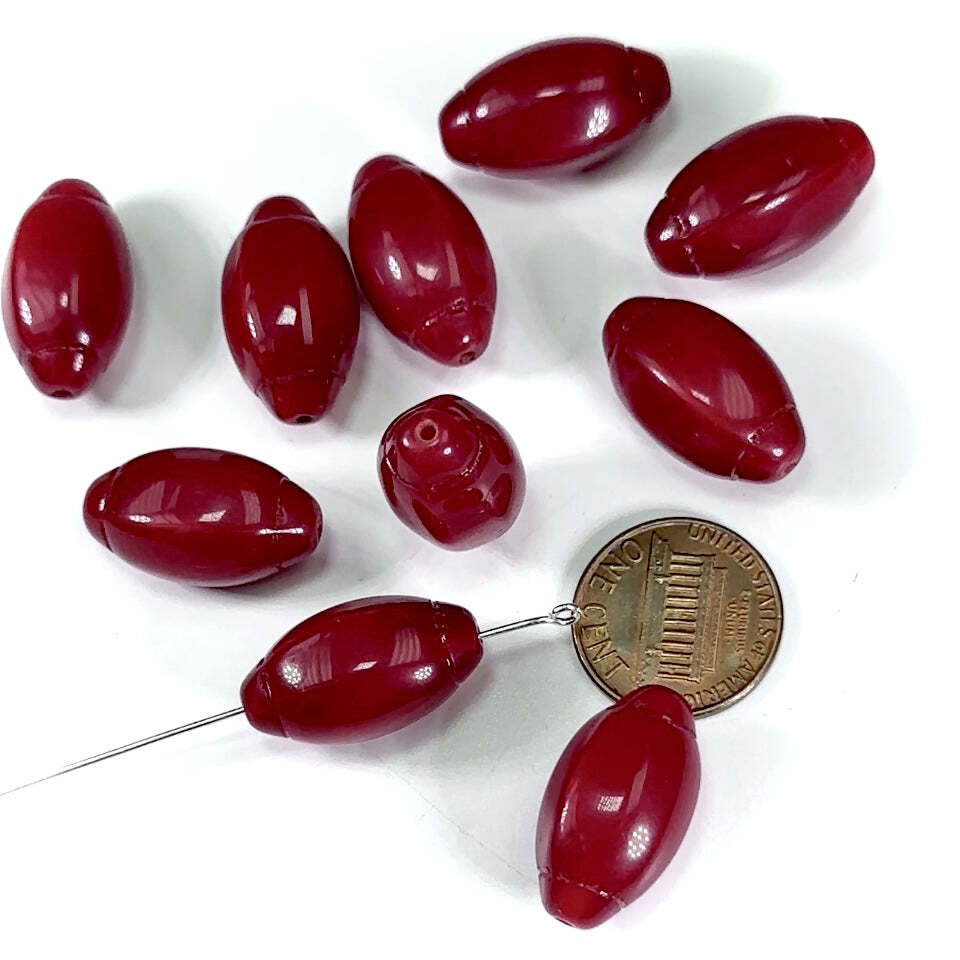 Czech Pressed Druk Olive Football Glass Beads 22x13mm Dark Red Opaque 10pc CL603