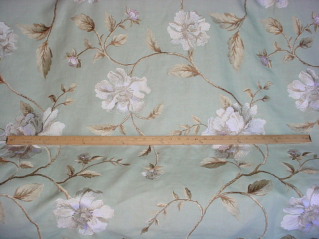 2-3/8Y Brunschwig & Fils BF10012 Longford Aqua Embroidered Floral Linen Fabric
