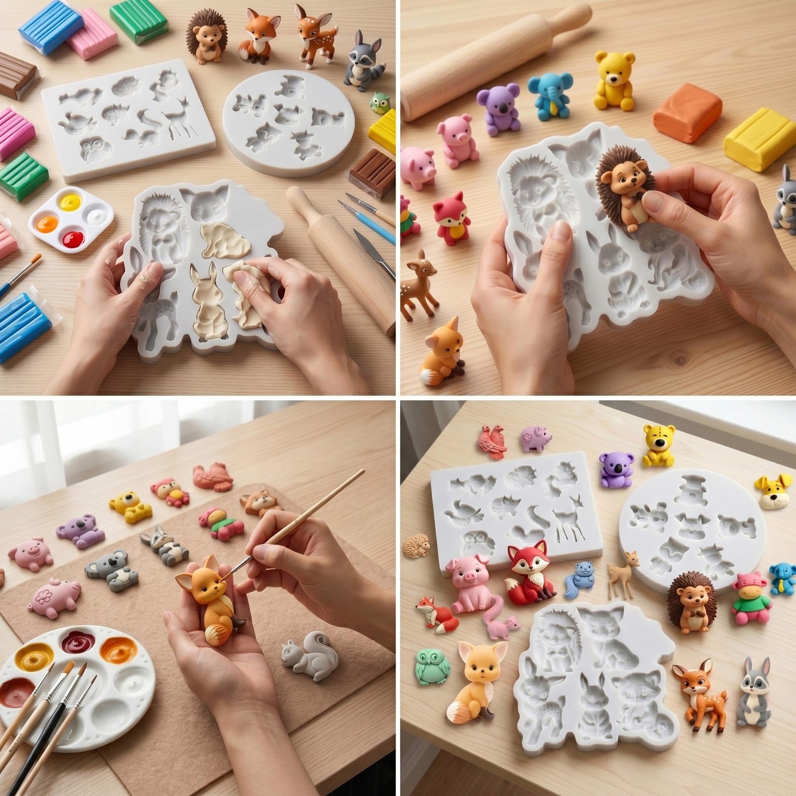 Animal Polymer Clay Mold Hedgehog Deer Bear Pig Squirrel Fox Owl Koala Silicone