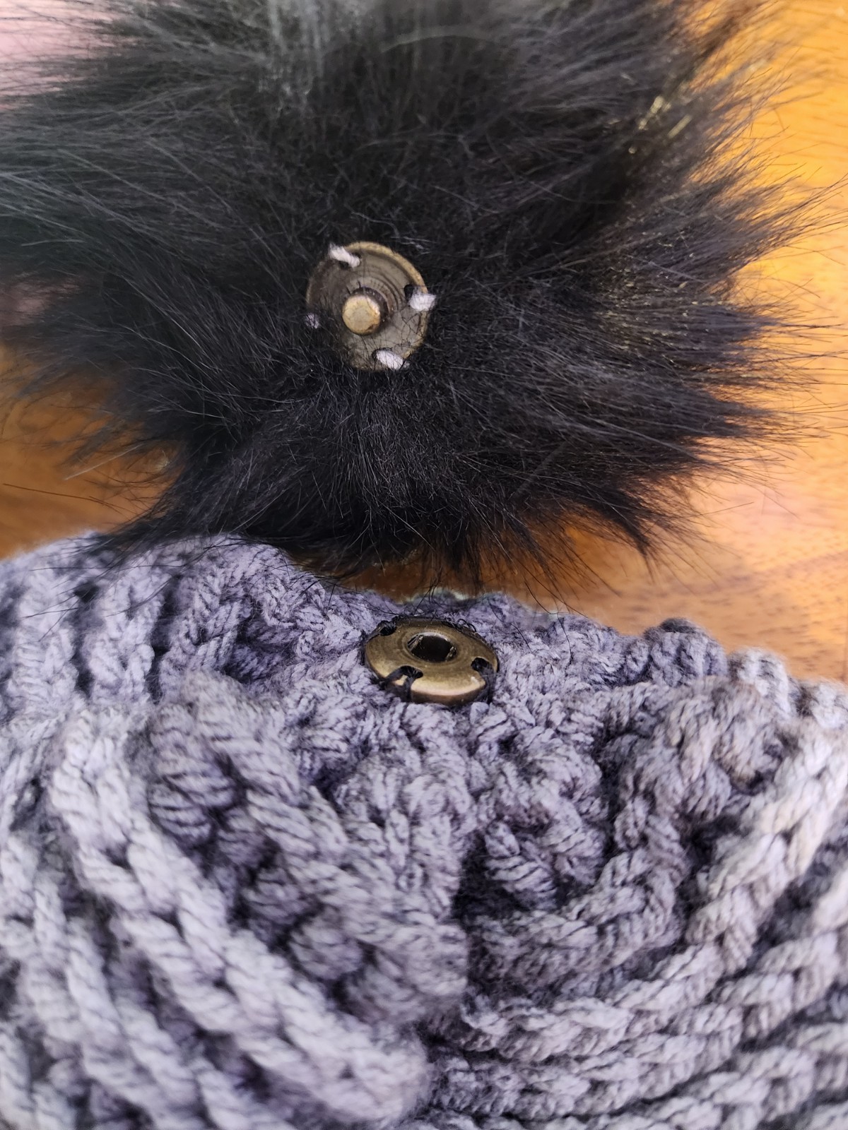 Black And Gray Handmade Crochet Winter Hat Faux Fur Pom Unisex Adult Sz