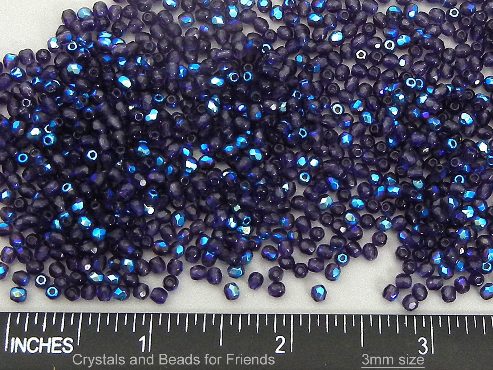 Czech Fire Polished Round Faceted Beads in Tanzanite AB coated, 16” deep purple