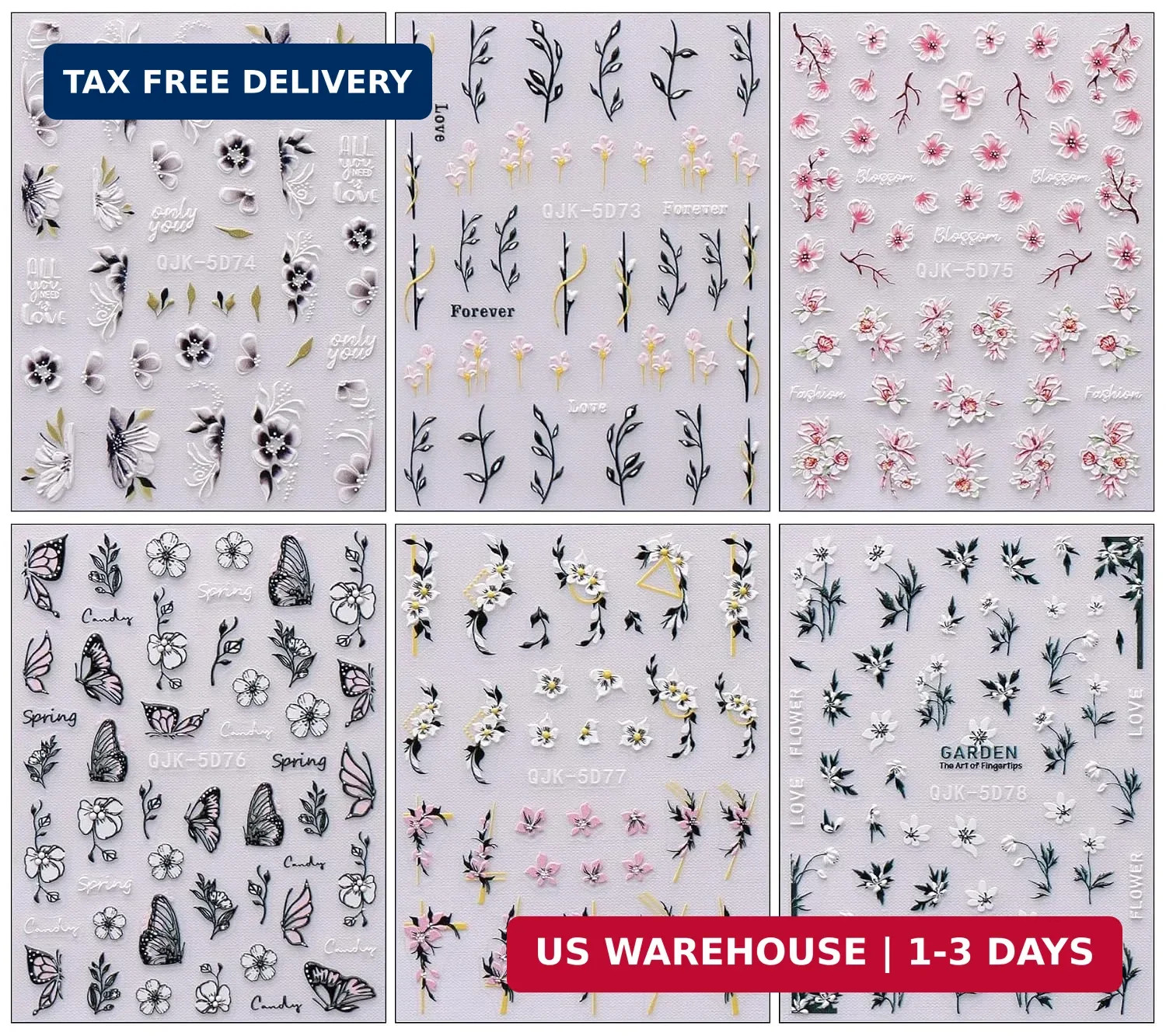 6 Sheets 3D Embossed Spring Flower Nail Art Stickers Decals Self-Adhesive Pegati