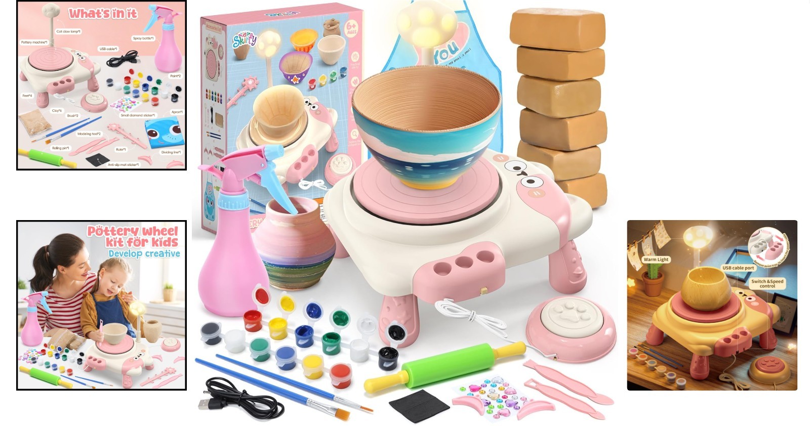 Complete Pottery Wheel Kit for Kids Ages 6-12 – Light, Clay & Painting Extras