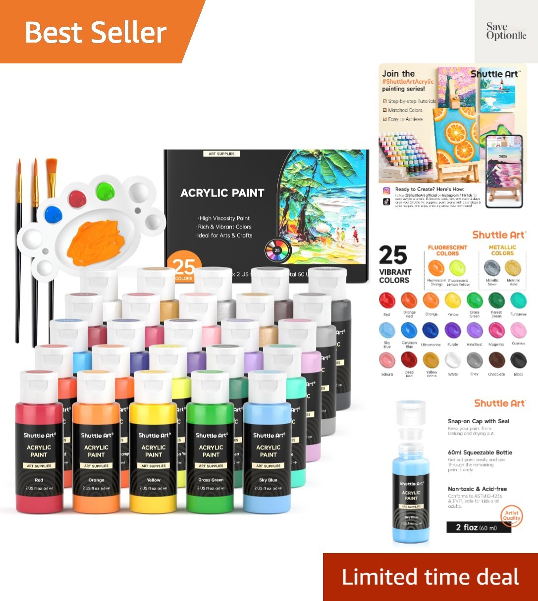 Acrylic Paint, 25 Colors Acrylic Paint Set, 2oz/60ml Bottles, Rich Pigments P…
