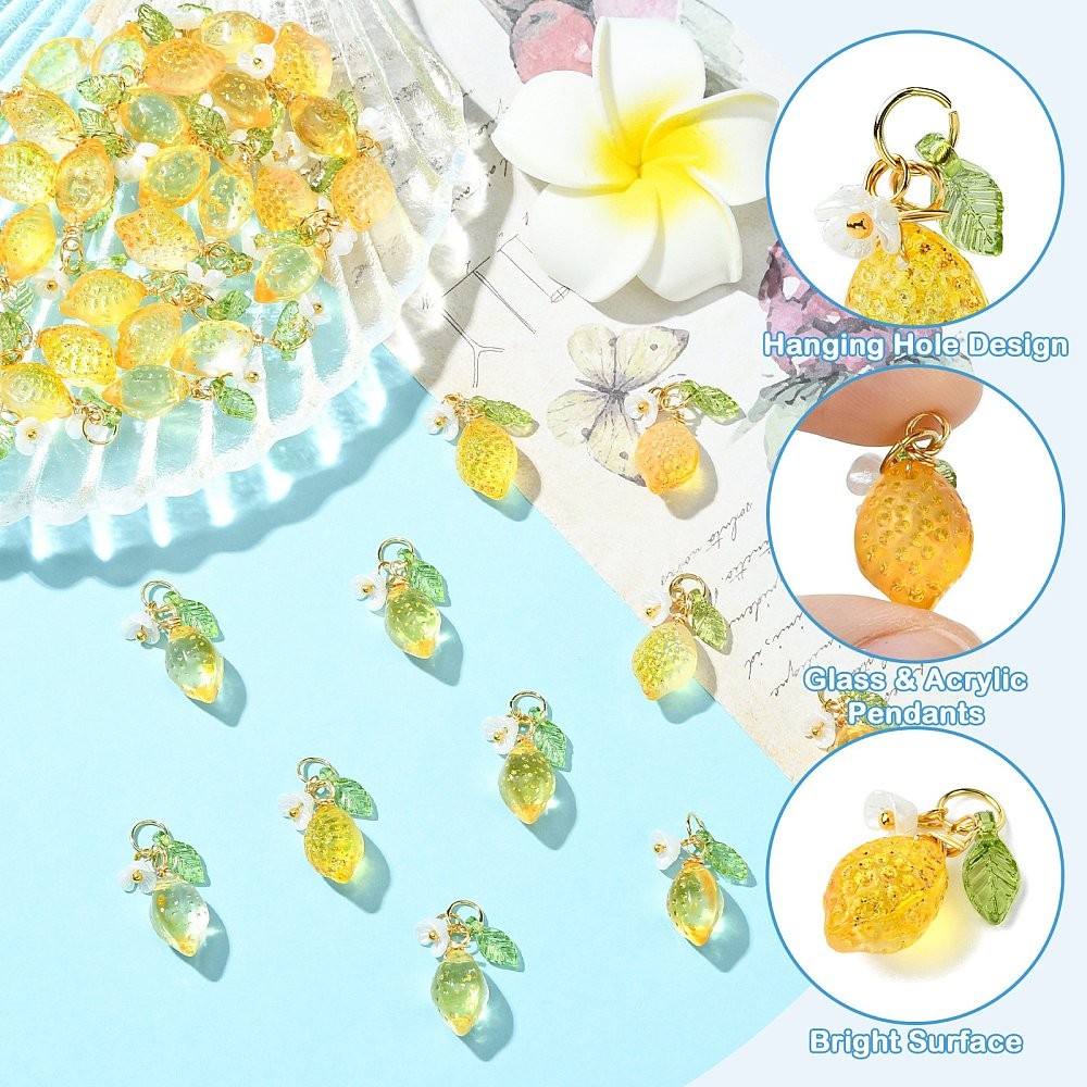 40pcs Glass Lemon Pendants 3D Imitation Fruit Dangle Charms for Jewelry DIY