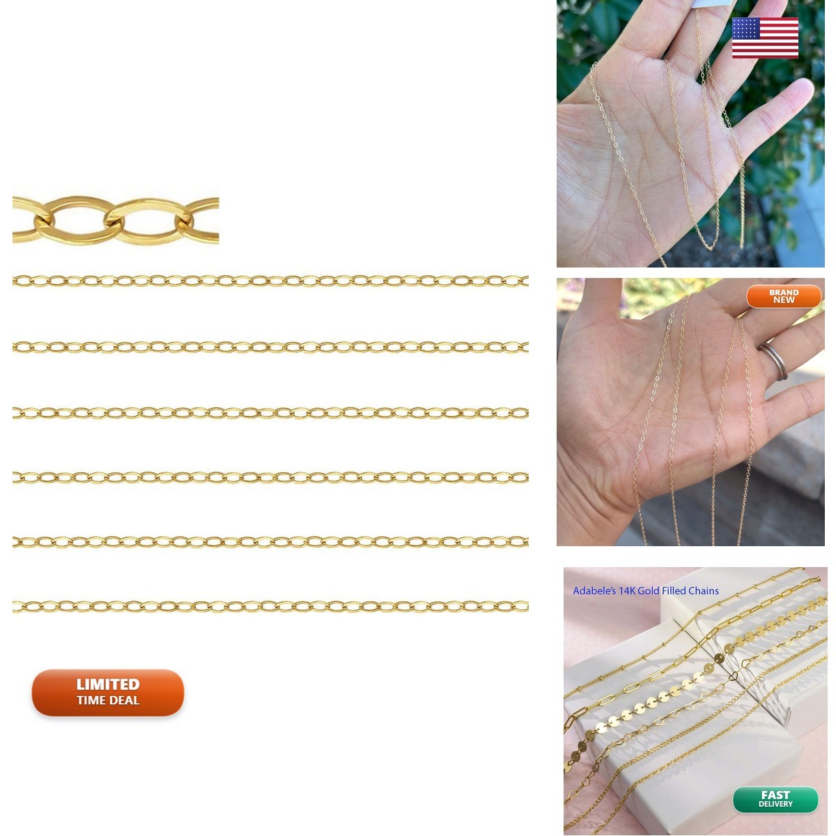 Adabele 5 Feet 1/20 14K Gold Filled Flat Cable Link Chain 1.5mm