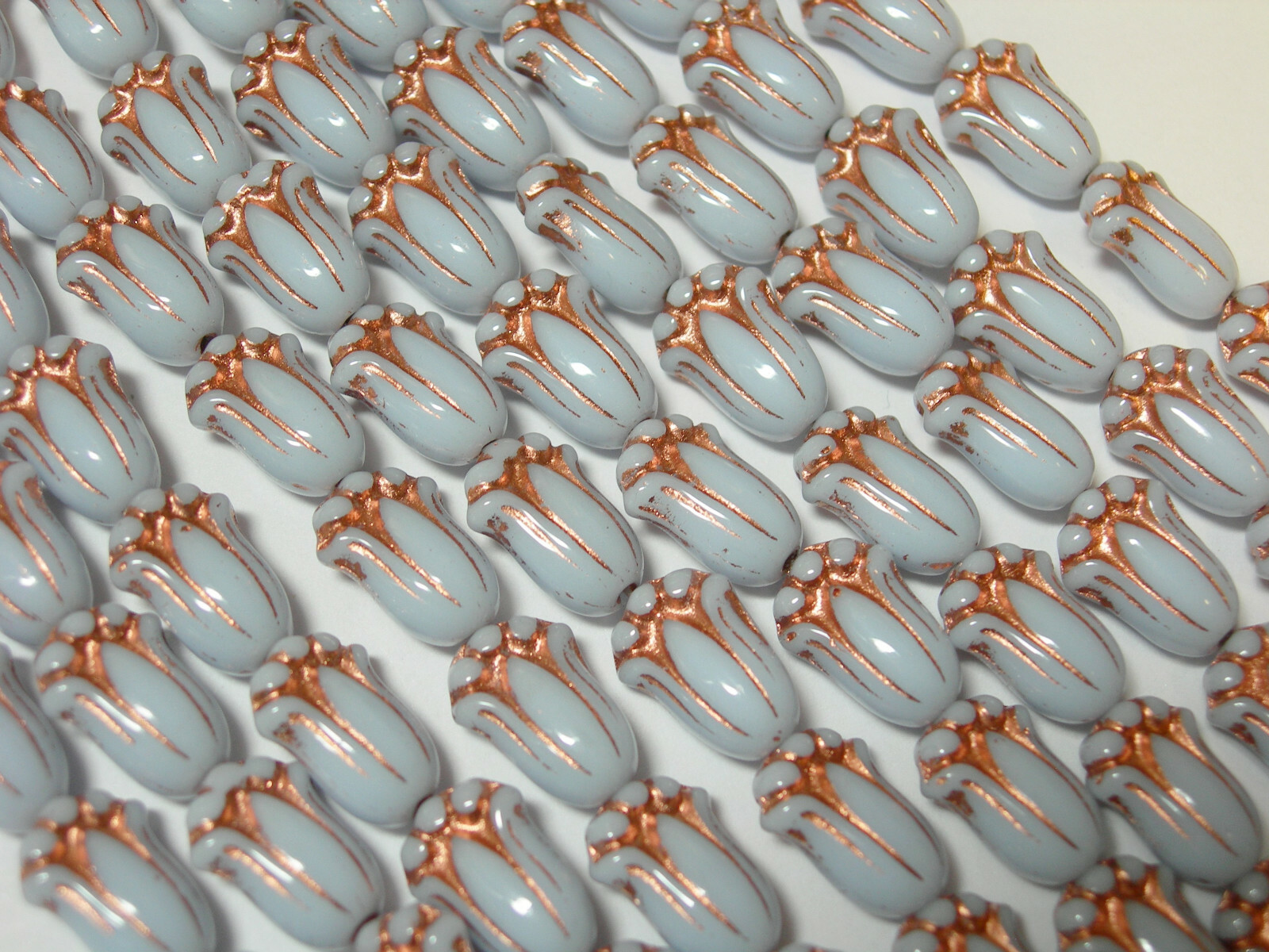 12 beads – Light Blue and Copper Czech Glass Tulip Flower Beads 10x7mm
