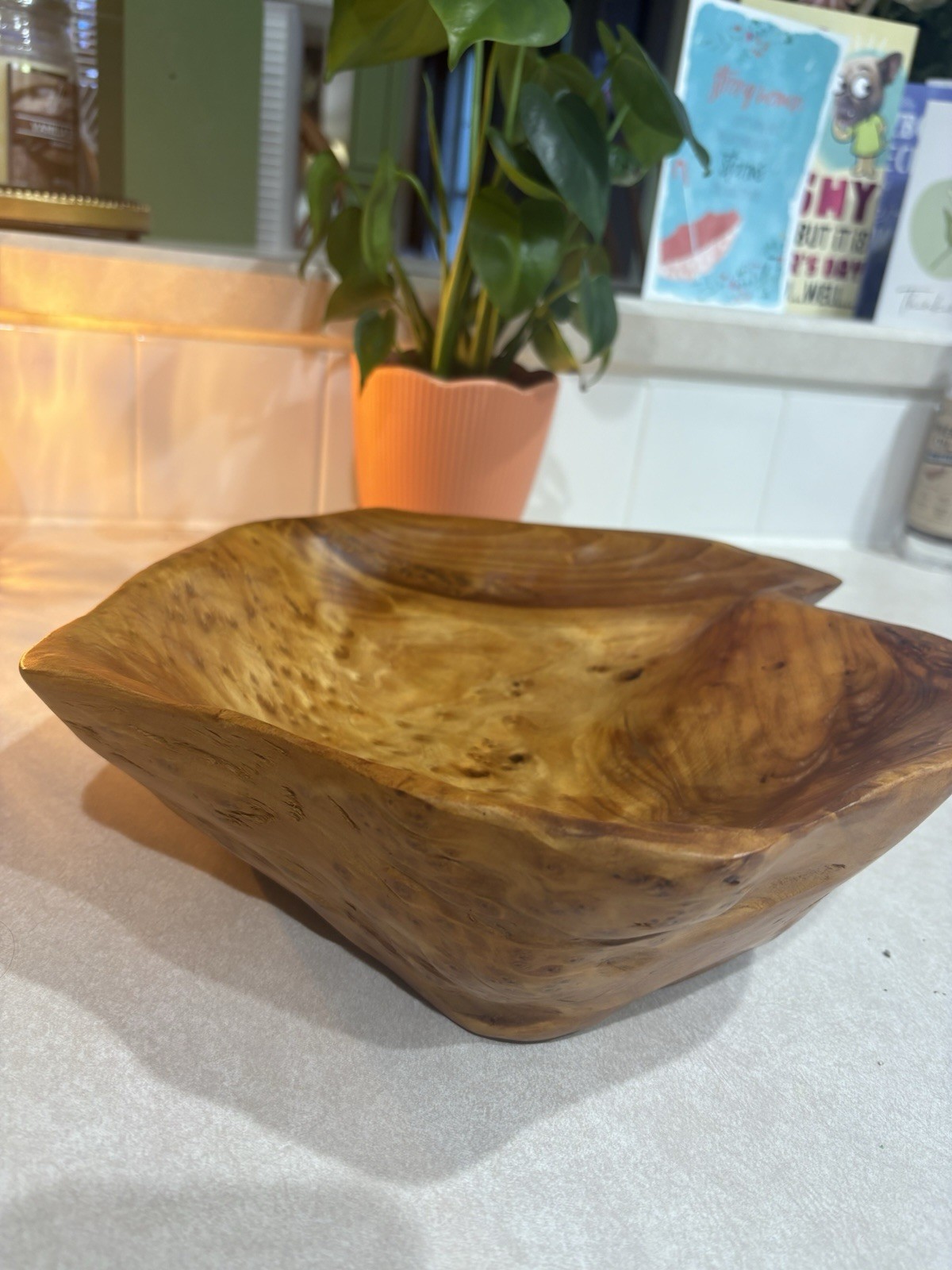 Vintage Hand Carved Live Edge Burl Wood Bowl 10” Organic Modern Centerpiece Art