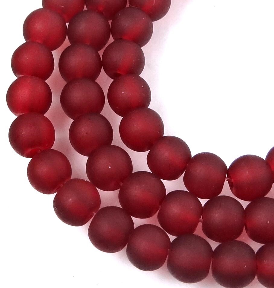 50 Czech Frosted Sea Glass Round / Rocaille Beads Matte – Dark Red 6mm