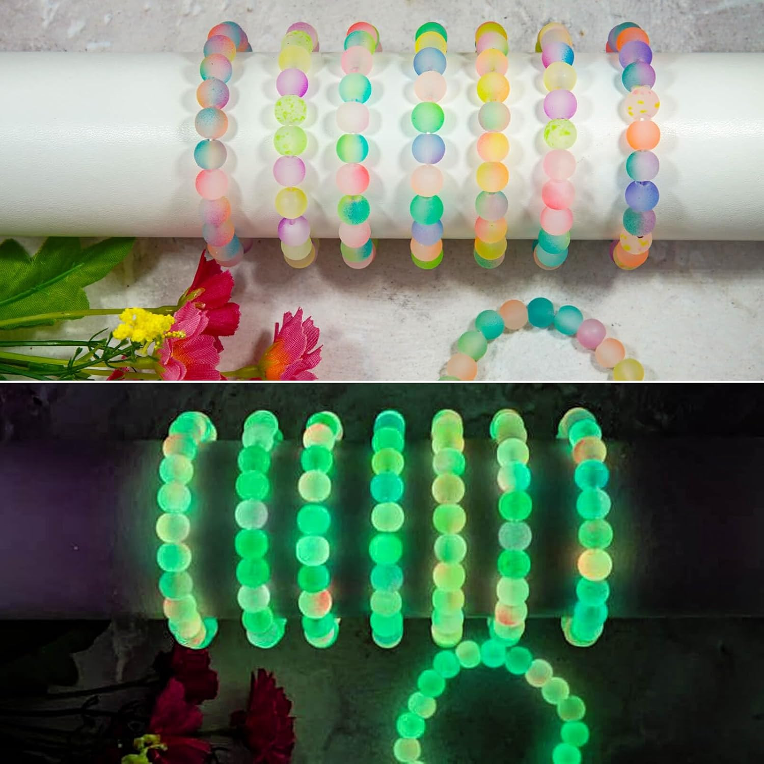 Glow in the Dark Glass Beads for Jewelry Making, 600Pcs 8MM 24 Grids Crystal