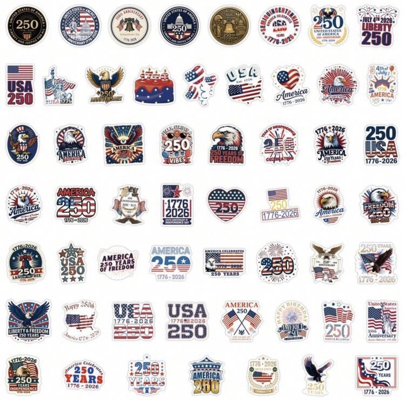 56 PACK USA AMERICA ANNIVERSARY 250 YEARS 1776 2026 Sticker Decal Bulk Lot Set