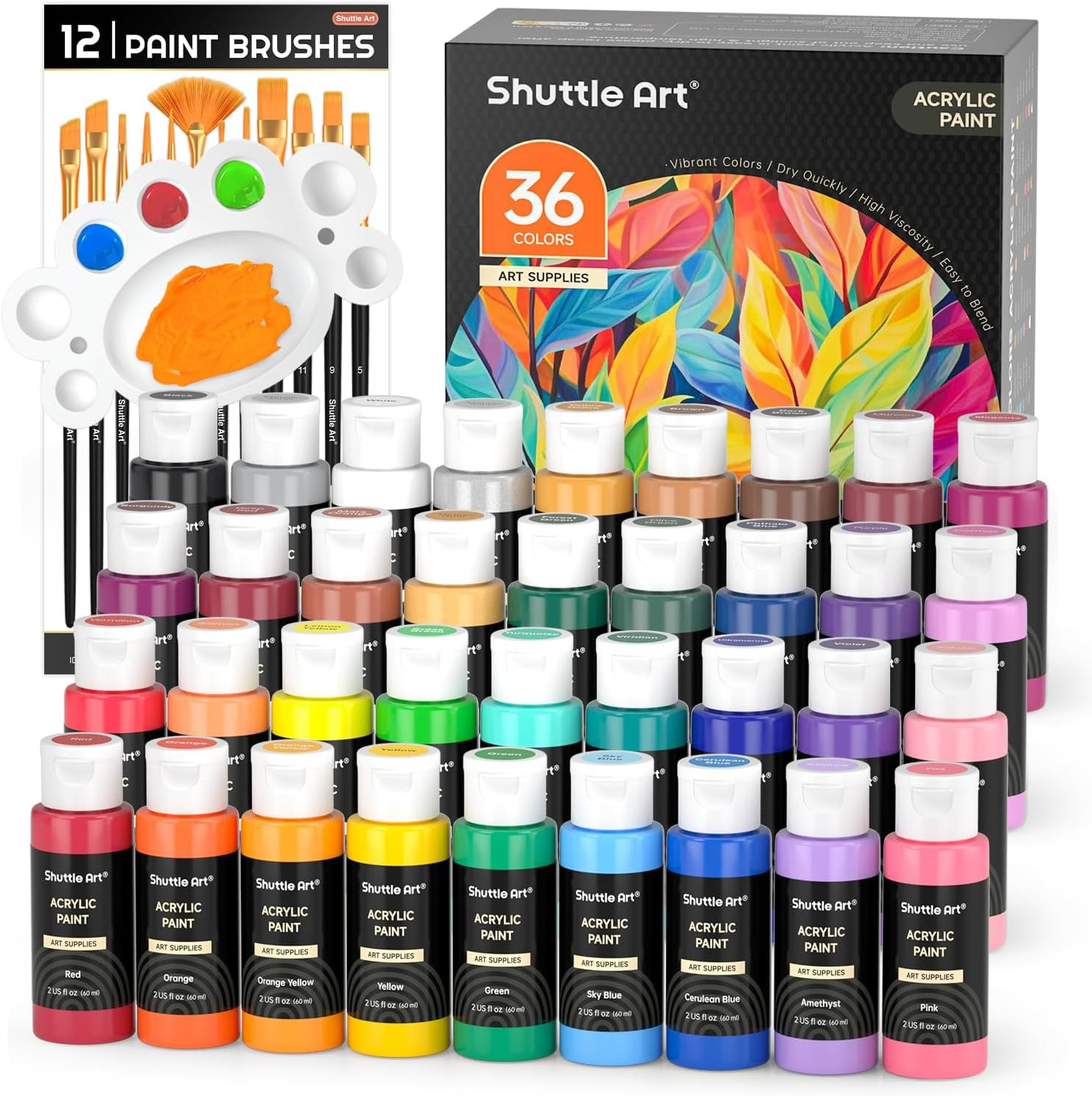 36 Colors Acrylic Paint Set With Brushes & Palette For Artists Kids & Adults NEW