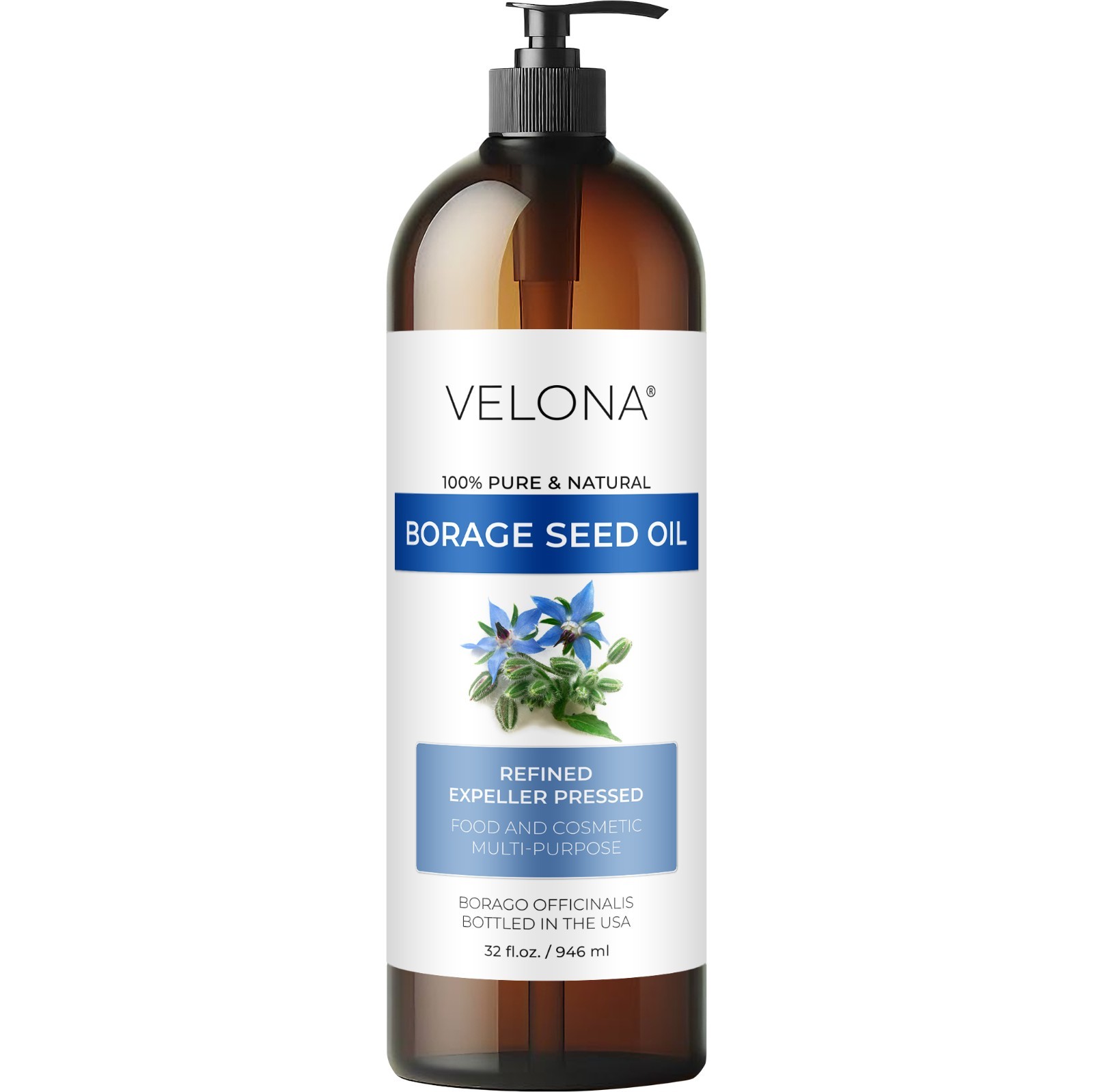Borage Seed Oil by Velona – 2 Fl Oz – 1 Gal Refined, Expeller pressed, Skin care
