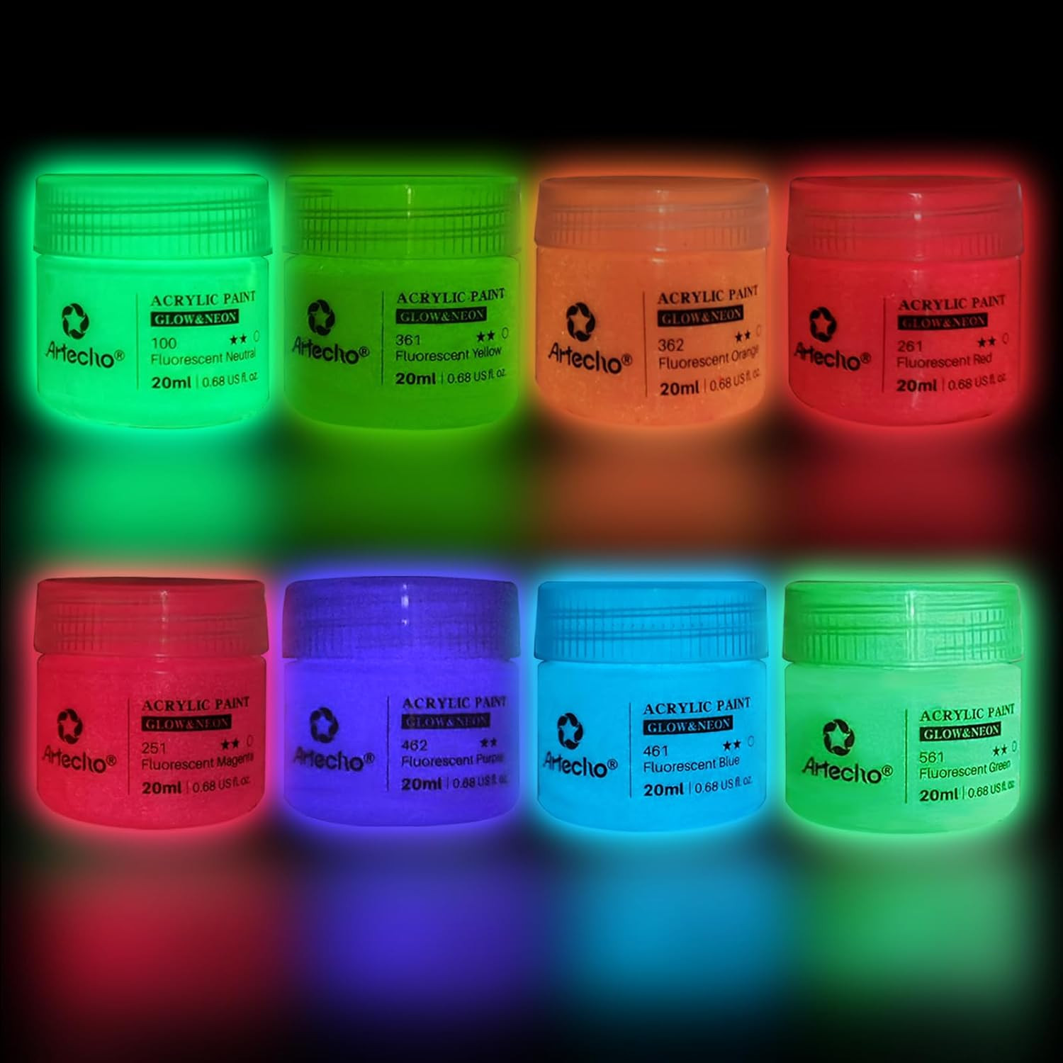 Artecho Glow in the Dark Acrylic Paint Set – 8 Colors X 20Ml (0.7Oz), Non-Toxic