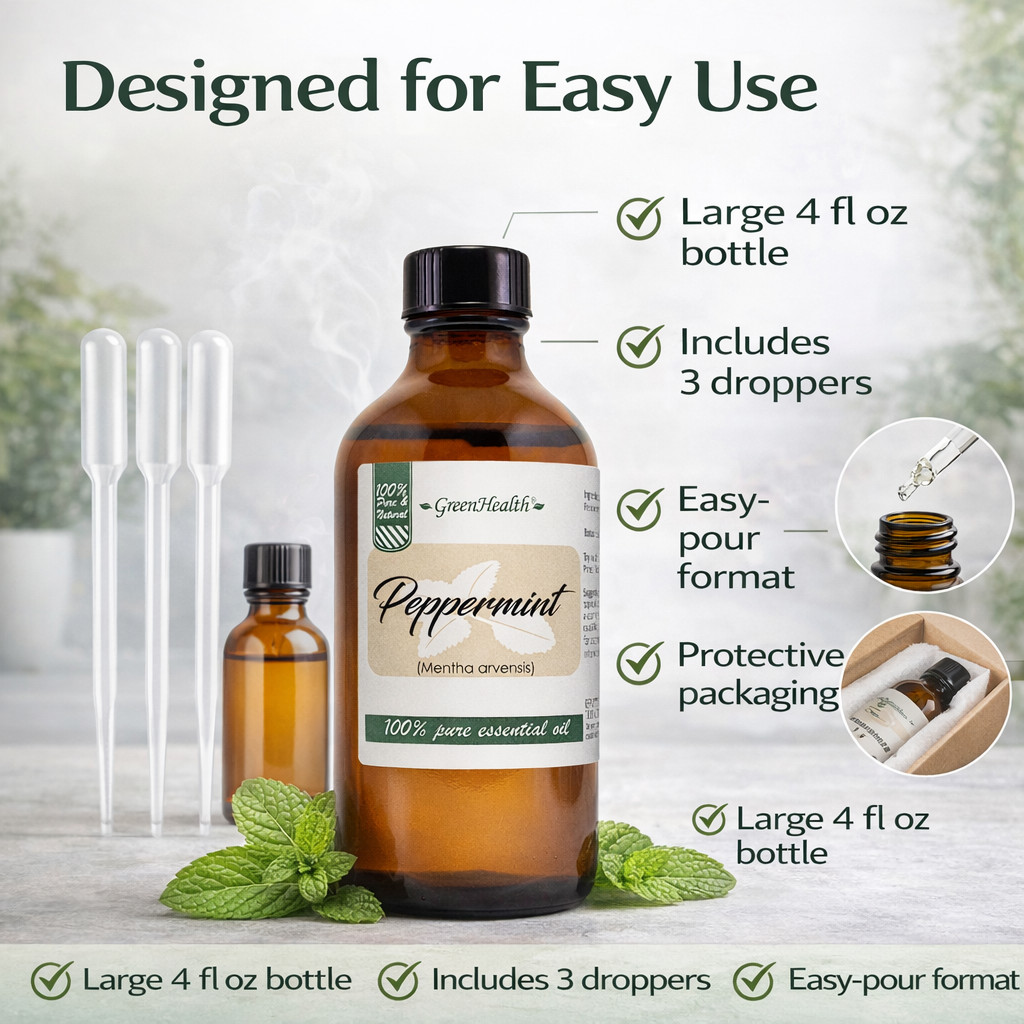 Peppermint Essential Oil 4 oz Pure Natural with 3 Free Droppers – GreenHealth