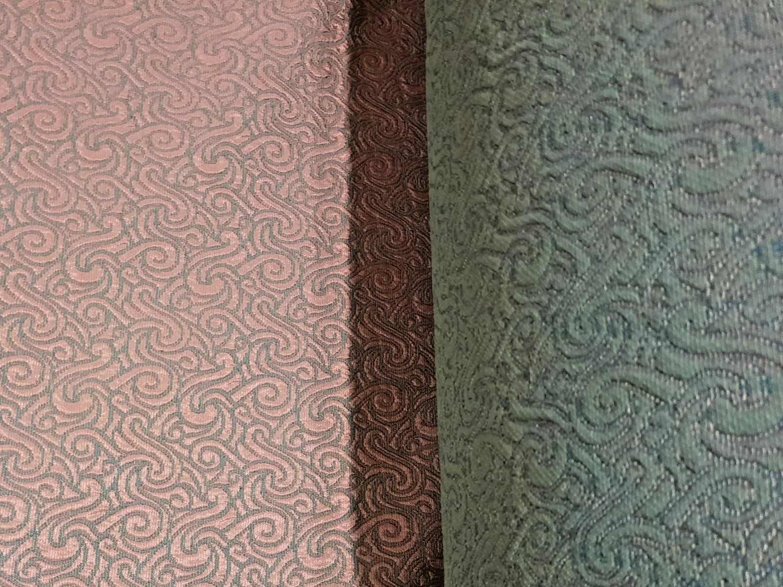 1960s MCM Jacquard Brocade Fabric Olive Green & Shiny Coral Swirl 52″ Wide