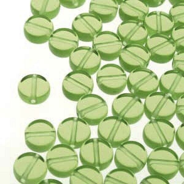 100 Czech Pressed Glass Transparent Peridot Green 6mm Flat Coin Beads 0.8mm Hole