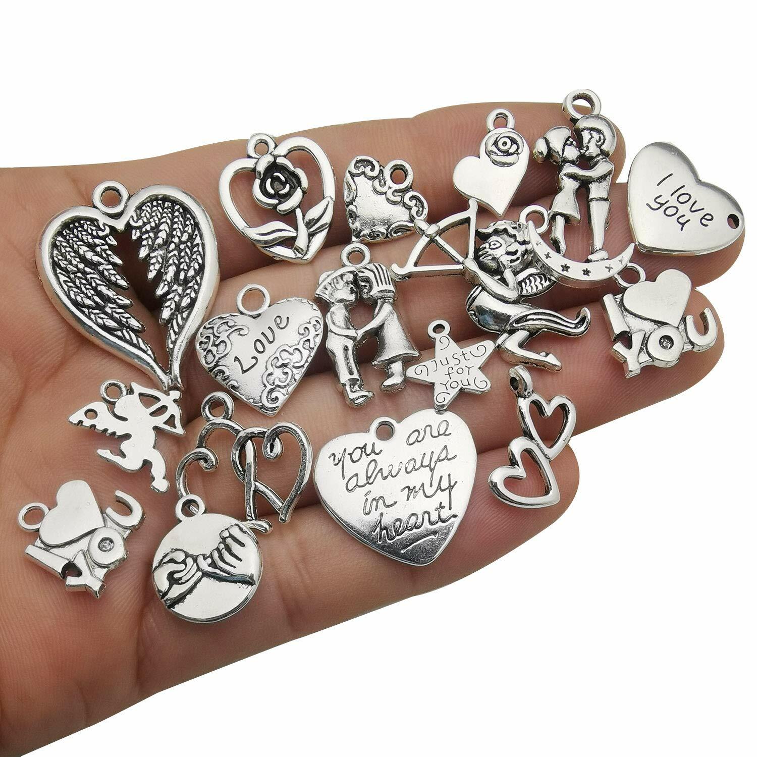 10 Heart Charms Valentines Day Pendants Antiqued Silver Assorted Mix Supply Lot