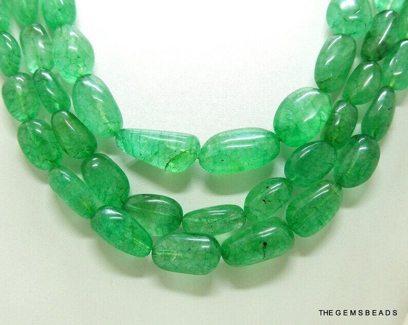 Natural Zambian Emerald Tumble Beads Necklace 8–22mm | 15″Inch Strand | Emerald
