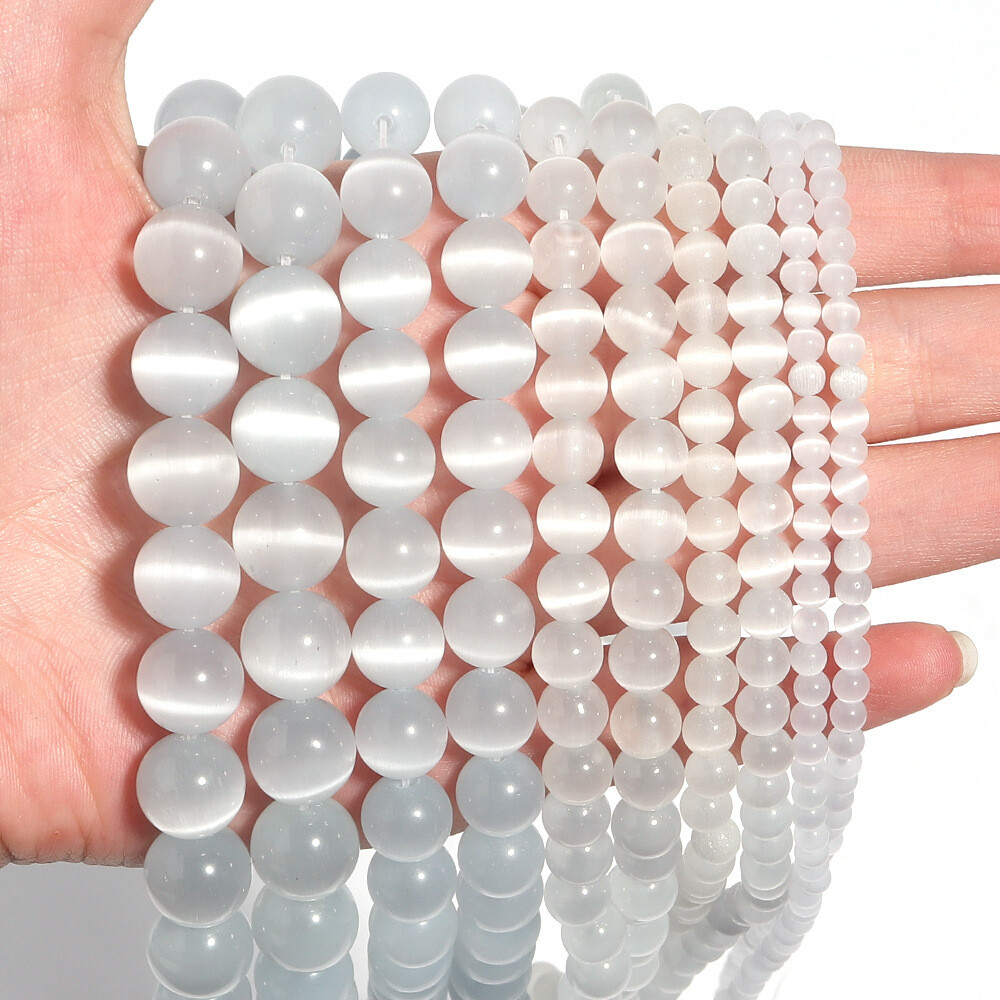 4-12mm Natural White Cat Eye Opal Stone Round Spacer Beads for Jewelry Making