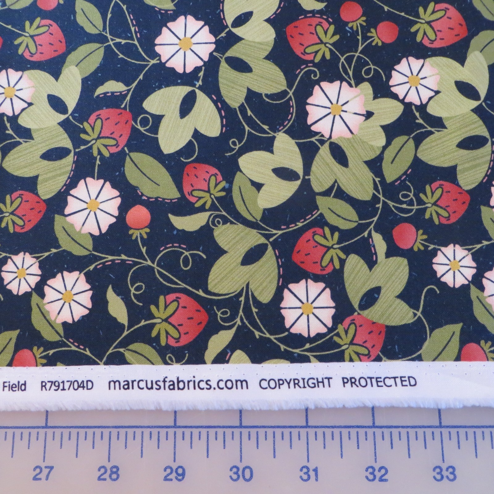 Yard ~ Strawberry Field On Navy Blue by Marcus $3.99 Ships ANY Amount Fabric