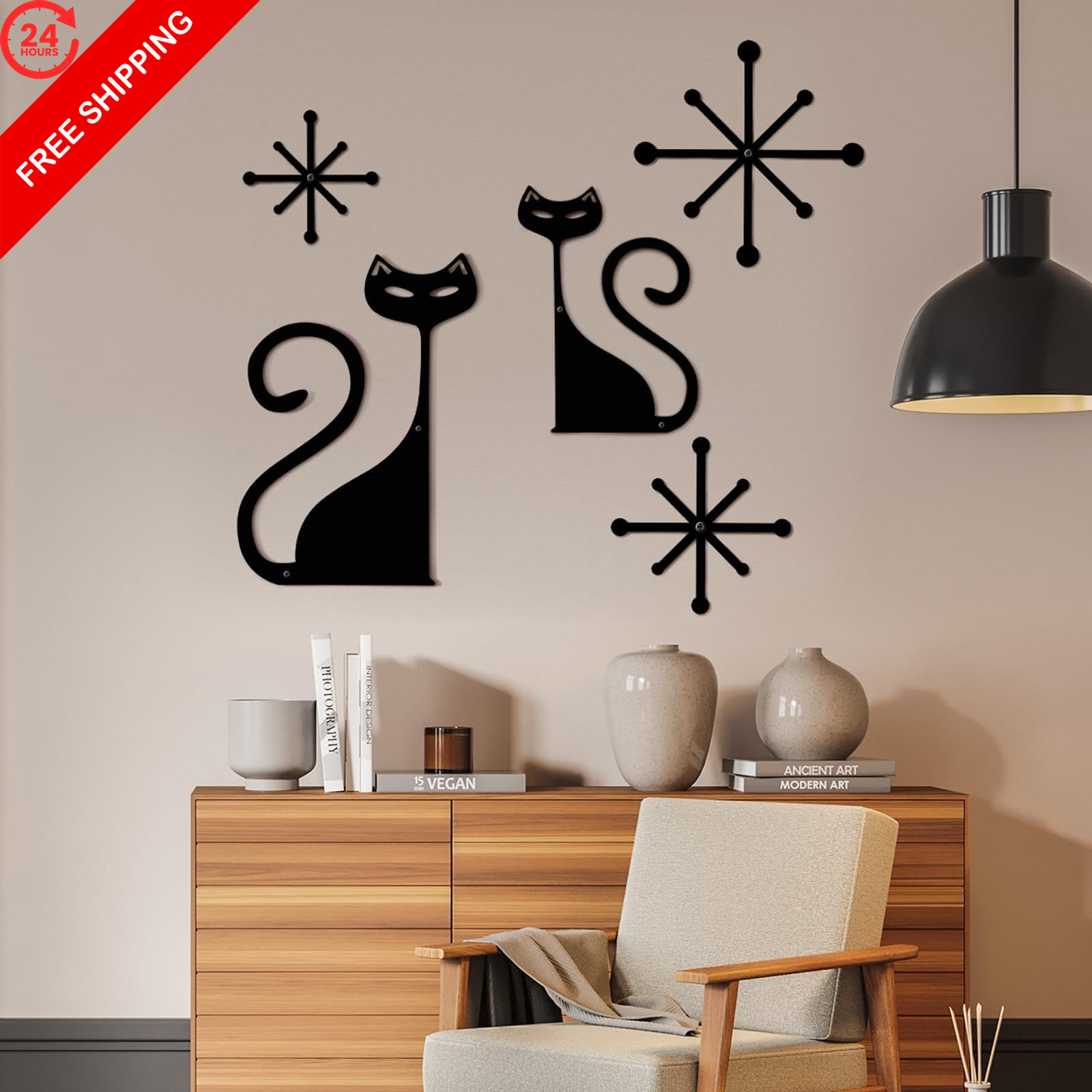 Wesiti 5 Pcs Mid Century Modern Atomic Cute Cat 7.48 x 11.50 inches, black