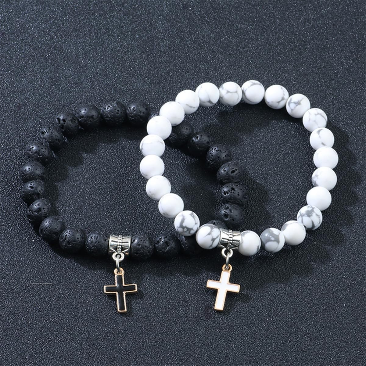 2 Pieces White Turquoise Black Beaded Bracelet for Women Unisex Cross Pendant Co