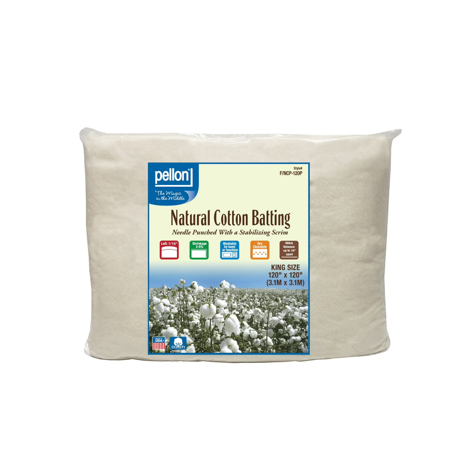 Pellon Natural Cotton Batting. off-White. King 120″ x 120″ Precut Package