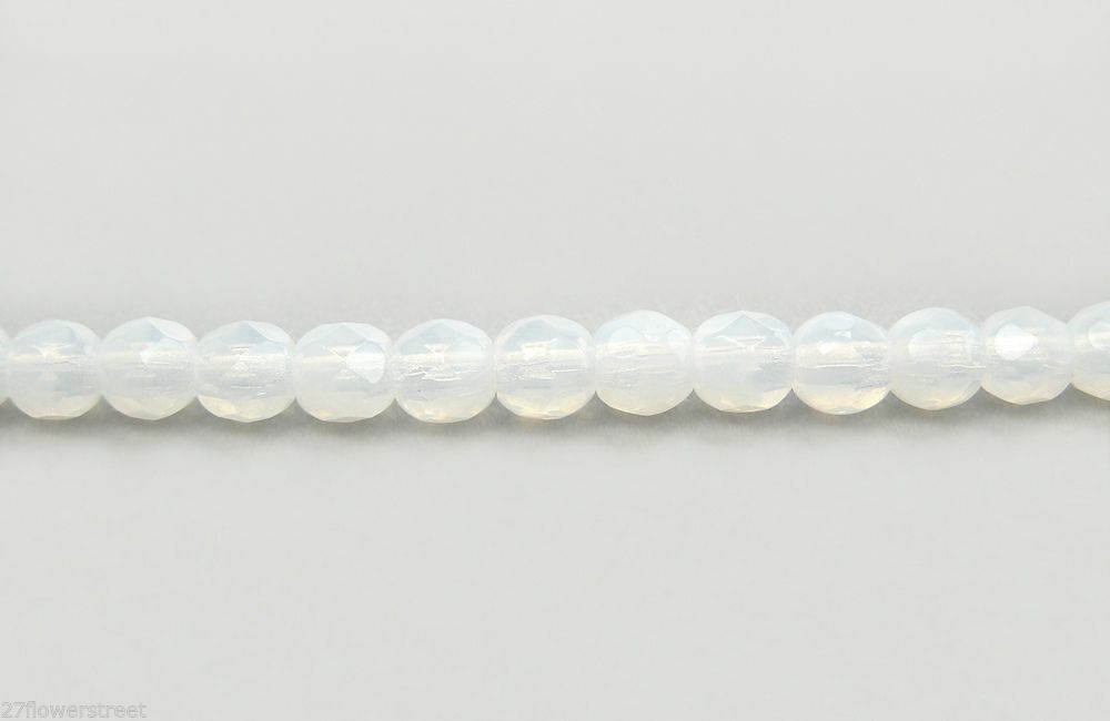 Czech Fire Polished Round Faceted Glass Beads in White Opal color, 16″ strand