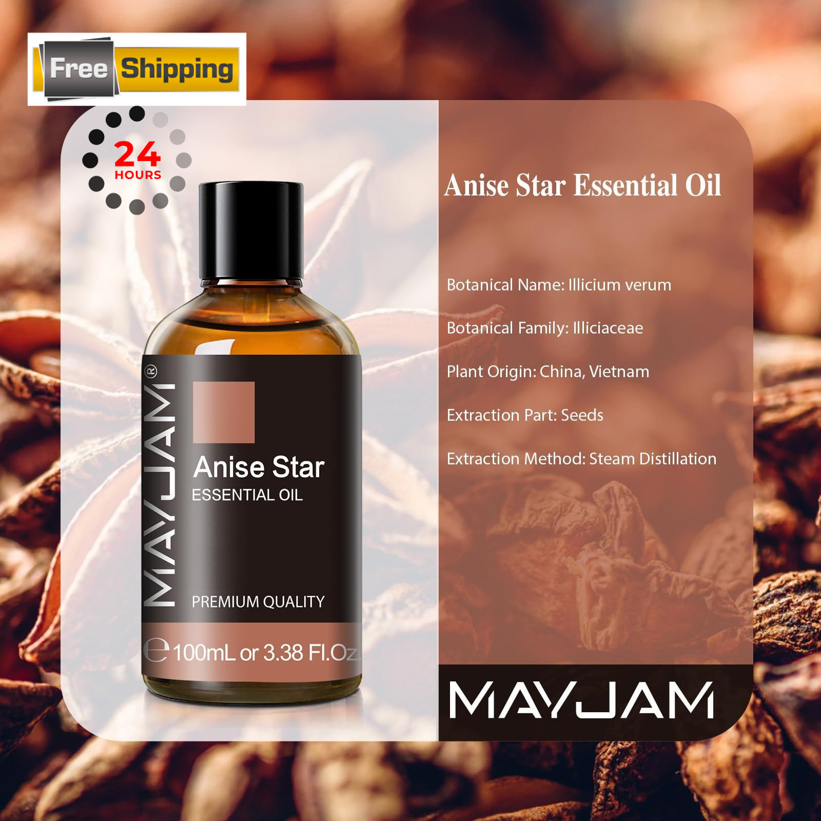 Anise Star Essential Oil, MAYJAM 3.38 Fl Oz (Pack of 1), Clear/Pale Yellow