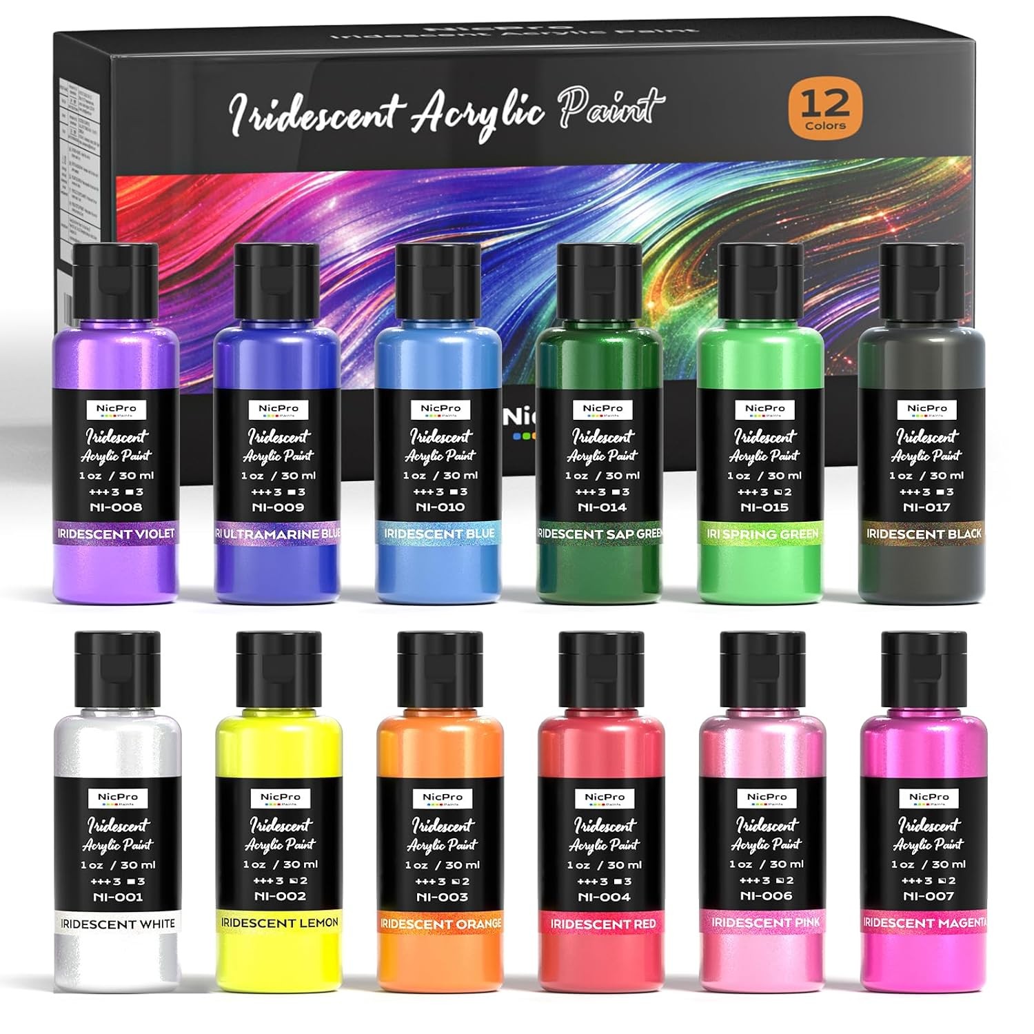 Nicpro 12 Colors Iridescent Acrylic Paint Set, 1 oz/30 ml Chameleon Metallic Acr