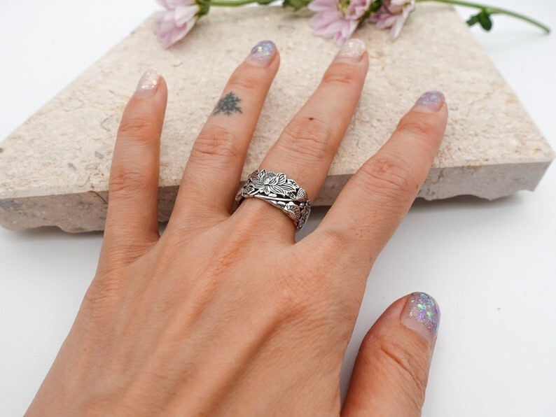 Vintage Floral Ring 925 Sterling Silver Adjustable Band for Women Gift