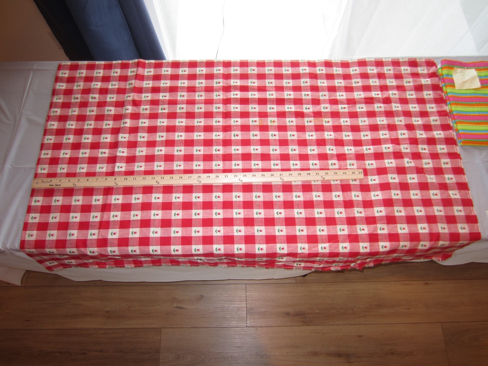 Old Estate Find – Fabric & Lace LOT – Red Gingham Tulip Print Rainbow Stripe