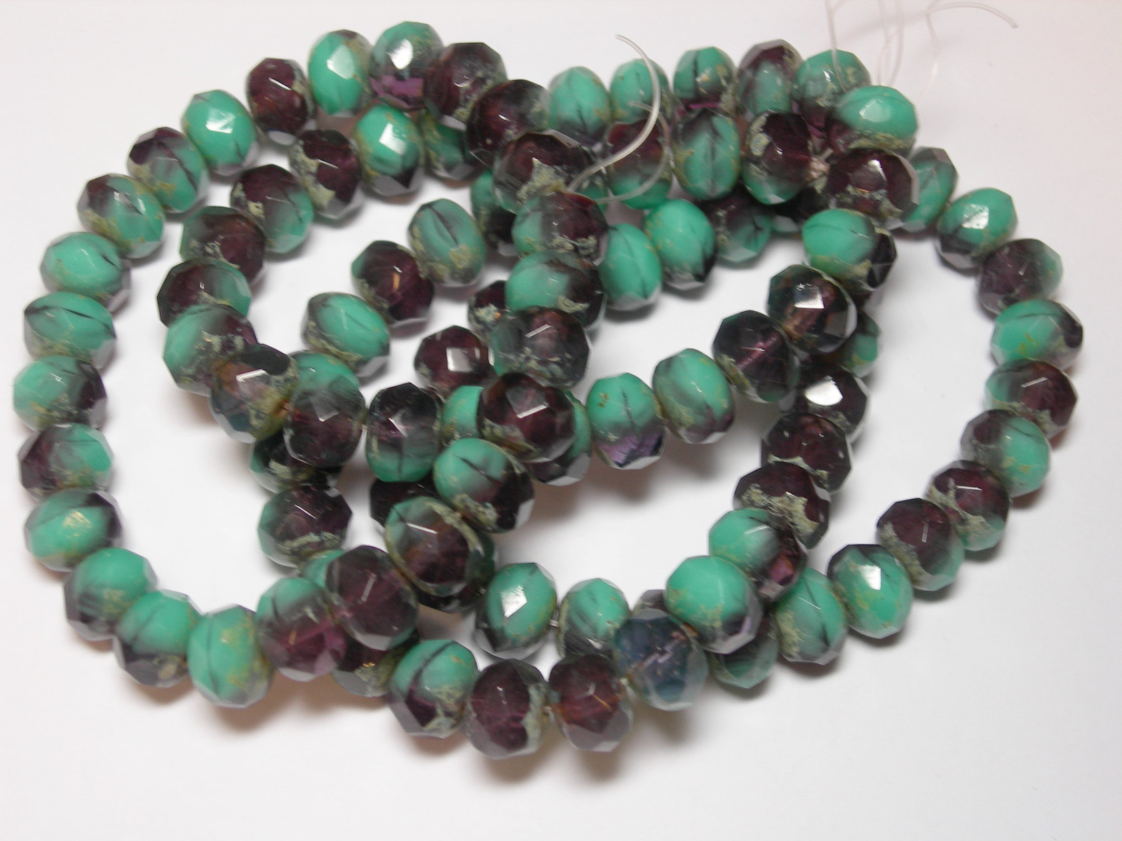 25 beads – 8x6mm Amethyst Purple / Turquoise Czech Fire polished Rondelle beads