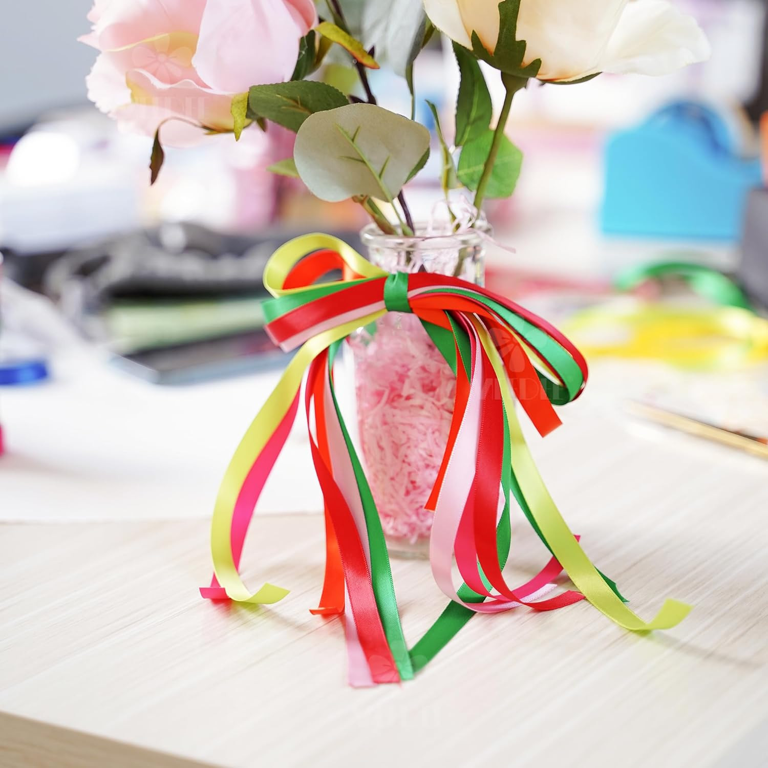 MEEDEE Rainbow Ribbon Solid Color Assortment 10 Colors Double Face Satin Ribbon