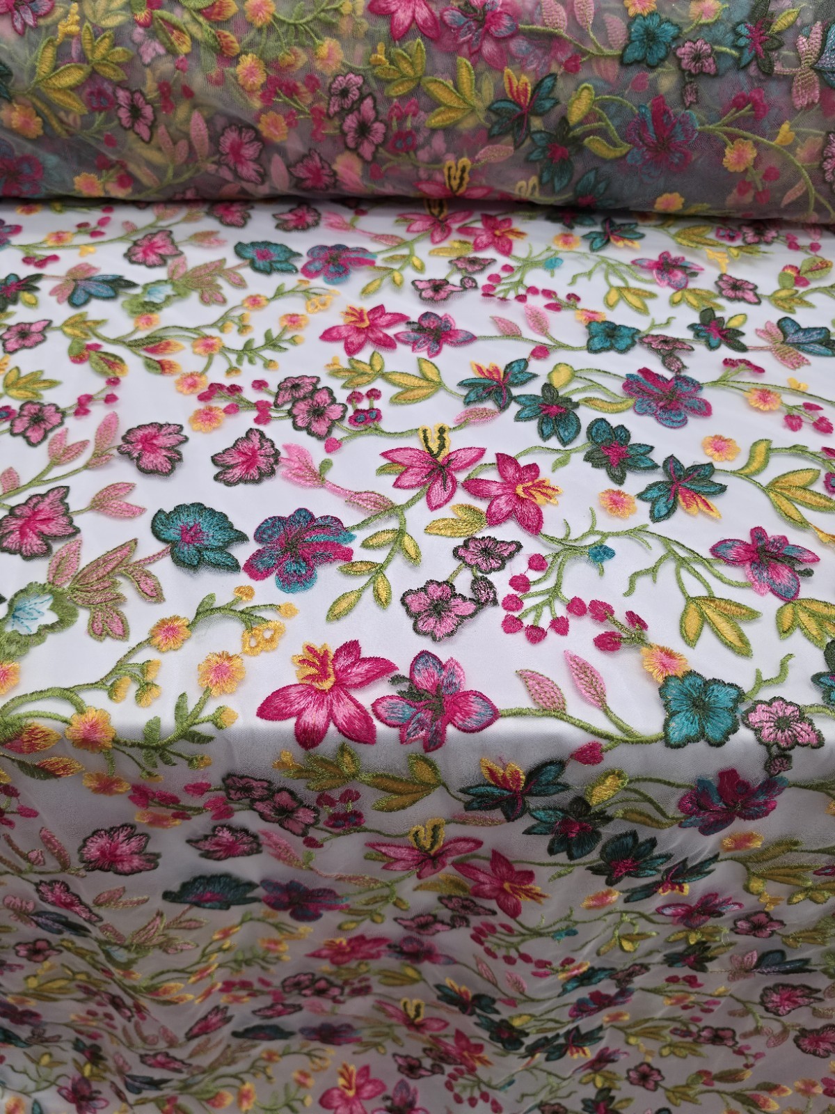Fabric By The Yard Multicolor Lace Pink Fuchsia Embroidery Flowers On White Mesh
