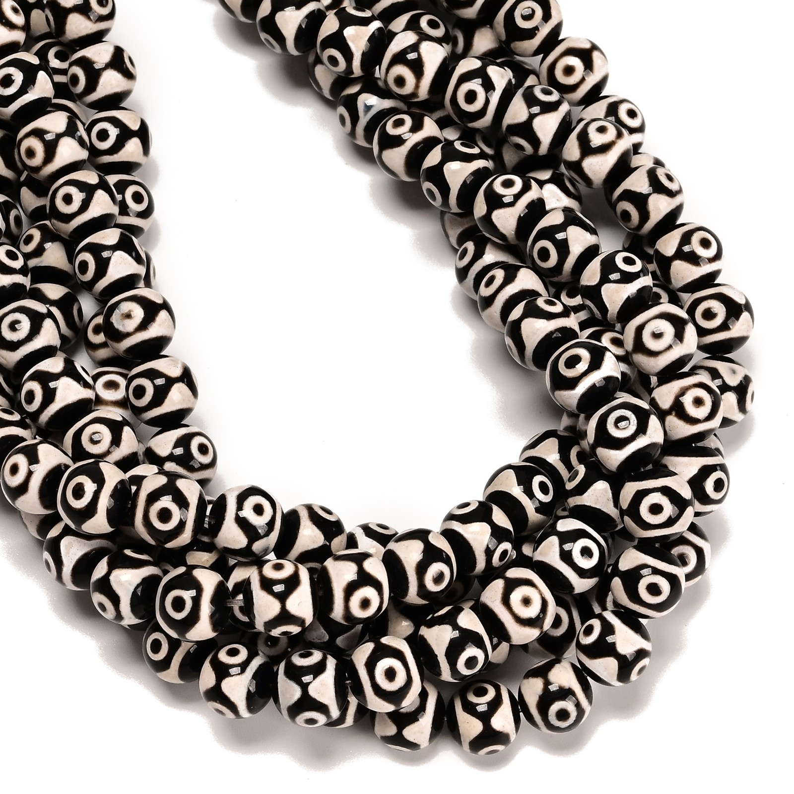 Black & White Evil Eye Tibetan Agate Smooth Round Beads Size 10mm 15.5″ Strand