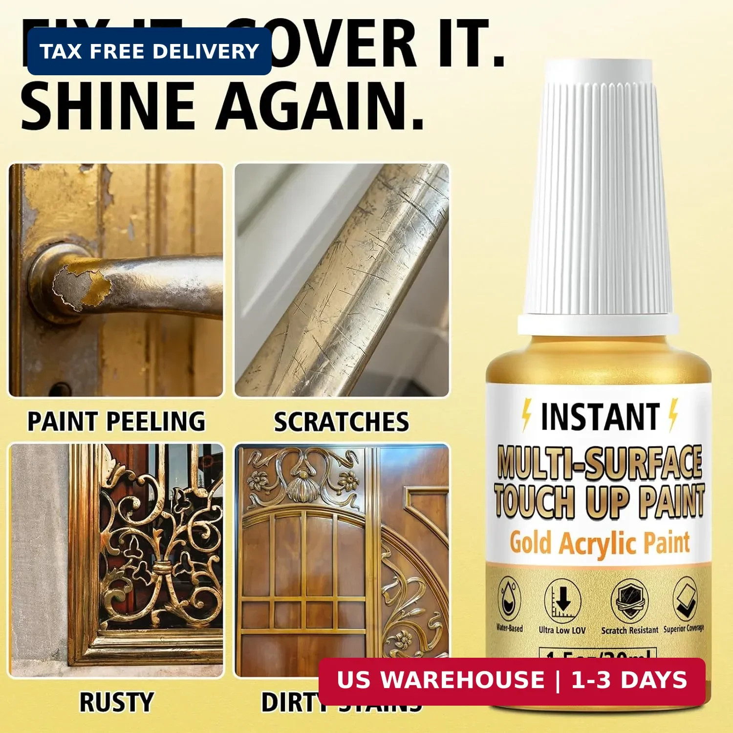 Gold Leaf Paint, Gold Paint for Metal and Wood – Rich Metallic Shine, Fast Dryin