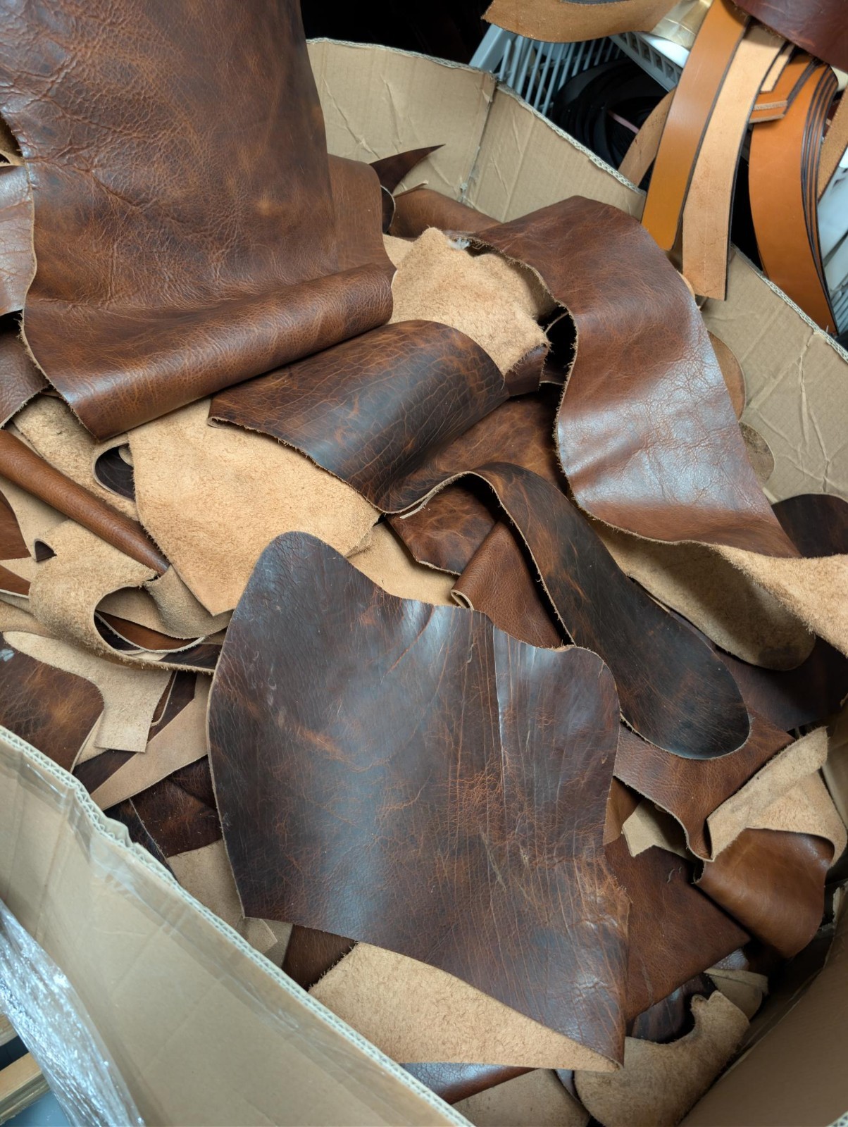 8 lb (Vintage Reddish Brown) Bulk Scrap Leather Trimmings, Cowhide Remnants
