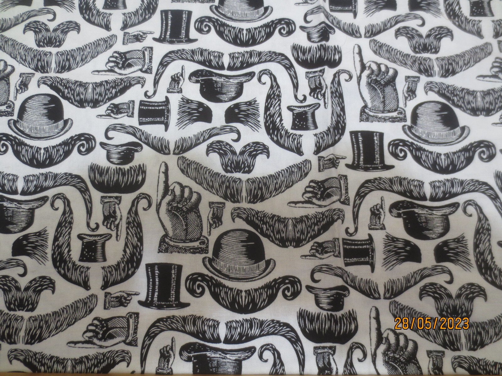 20″ x 42″ Black on White Men’s Mustaches Gentlemen’s Top Hats cotton Fabric