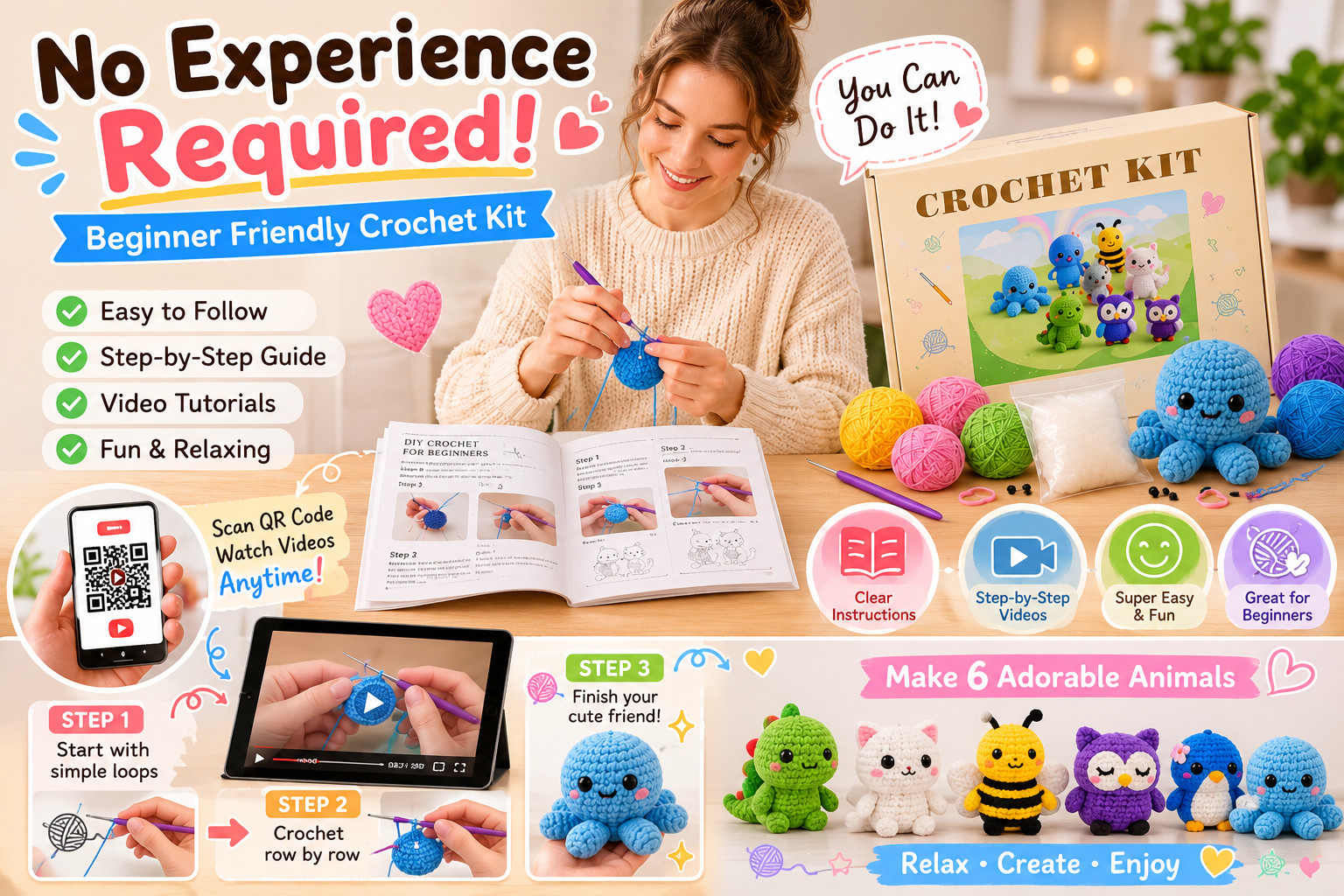 6PCS Crochet Kit for Beginners Animal Amigurumi DIY Craft Set w/ Videos